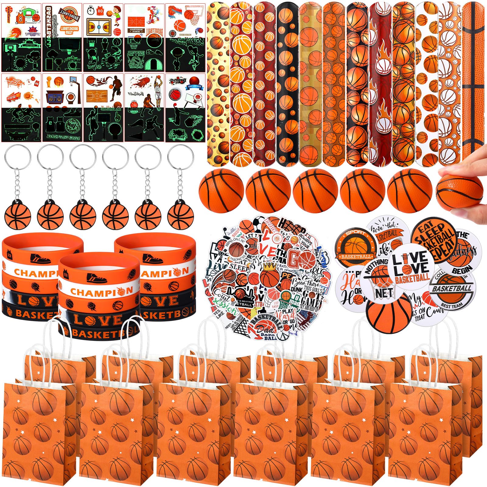Aoriher 194 Pcs Basketball Party Favor Bulk Sport Birthday Party Gift Basketball Goodie Bag Filler Mini Basketball Ball Toy Silicone Bracelet Tattoo Sticker Slap Bracelet Keychain Button Pin