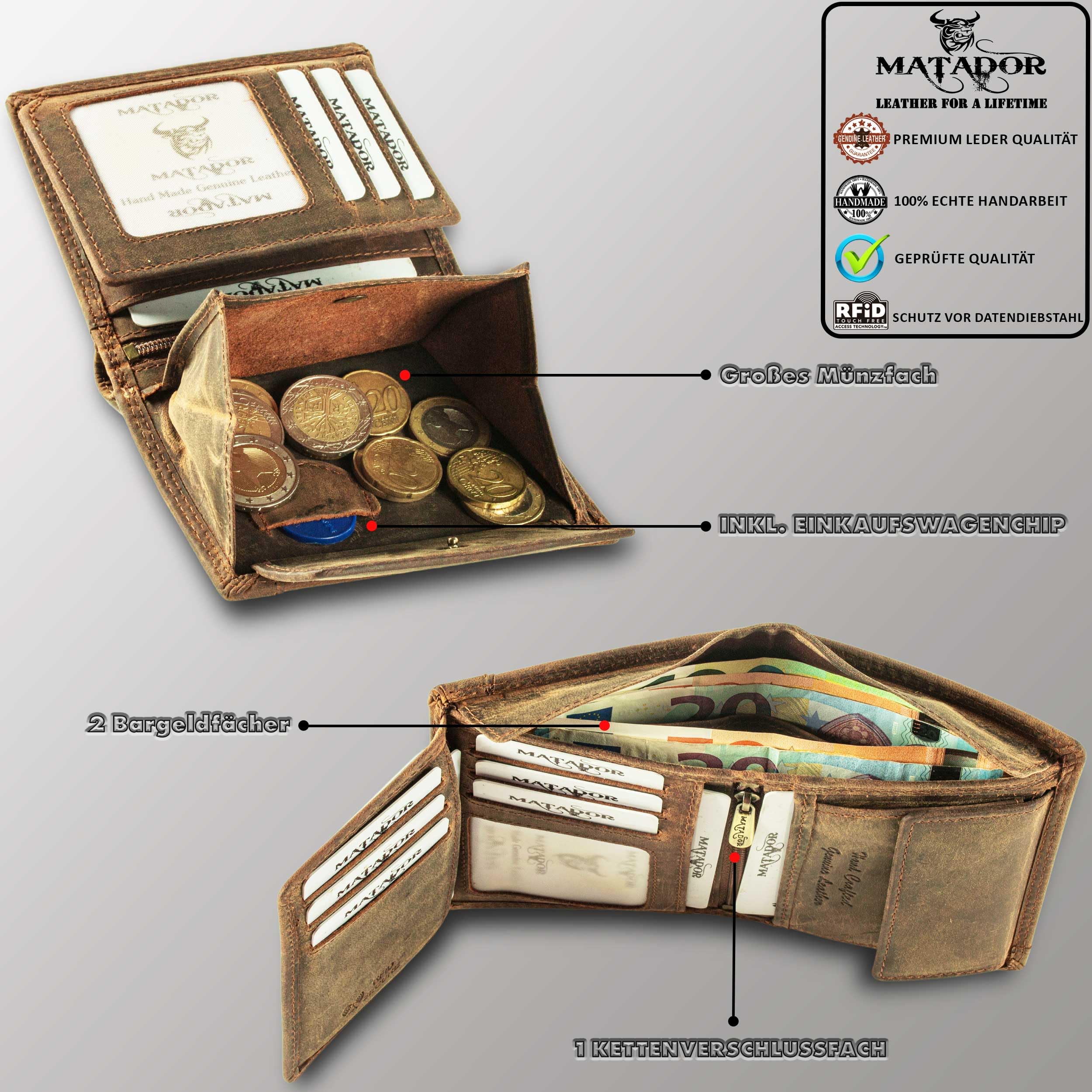MATADOR Herren Geldbörse Leder mit Geheimfach #LUGO inkl. edler Geschenk Box, Elegante Geldbörse Herren RFID Schutz, Luxus Geldbeutel Viele Kartenfächer in Braun Hunter