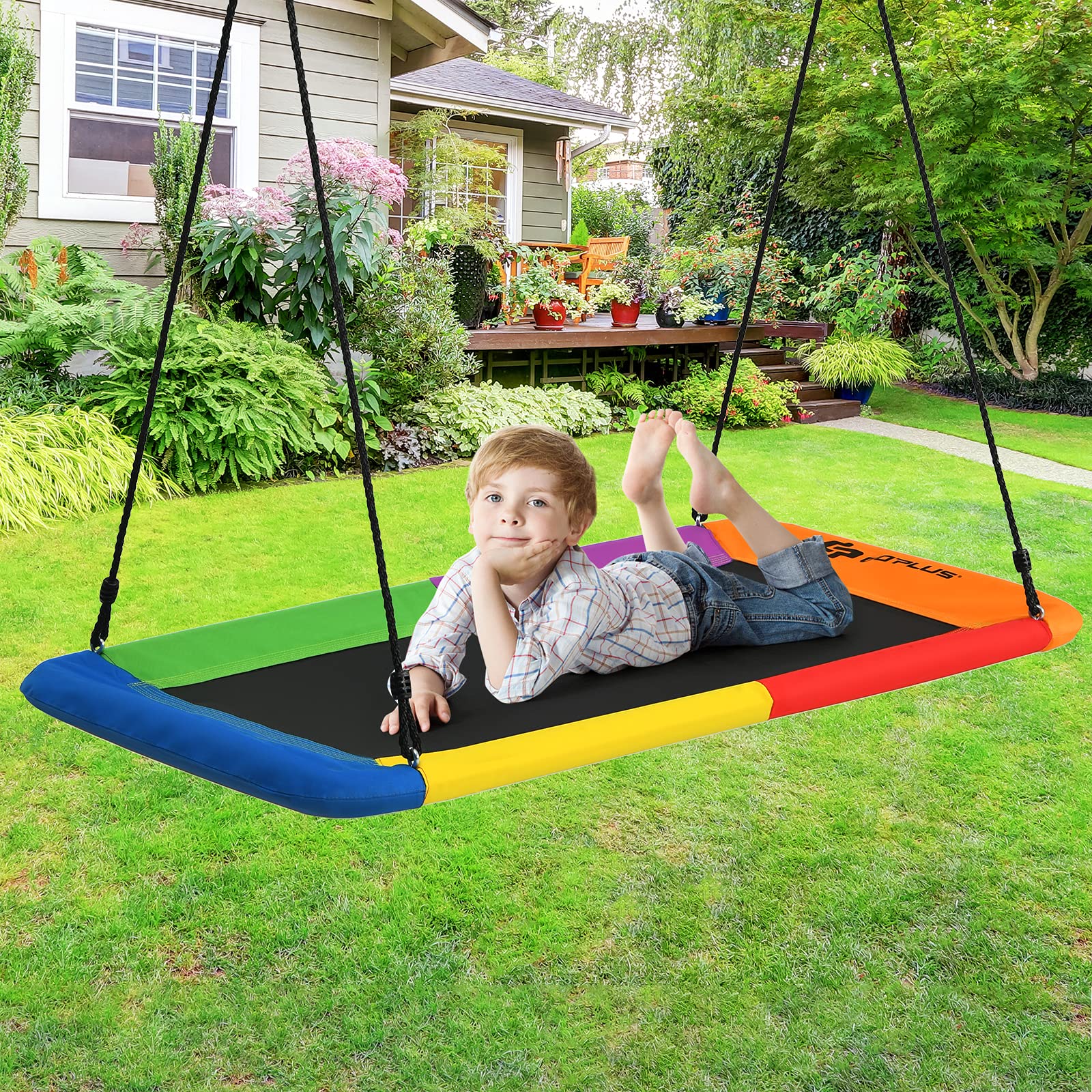 GOPLUS Columpio Rectangular Suspendido al Aire Libre, Nido de Pájaro de Cuerdas Ajustables 100-180CM, Asiento Suspendido al Aire Libre para Niños, hasta 315 KG,150 x 80CM (Multicolor)