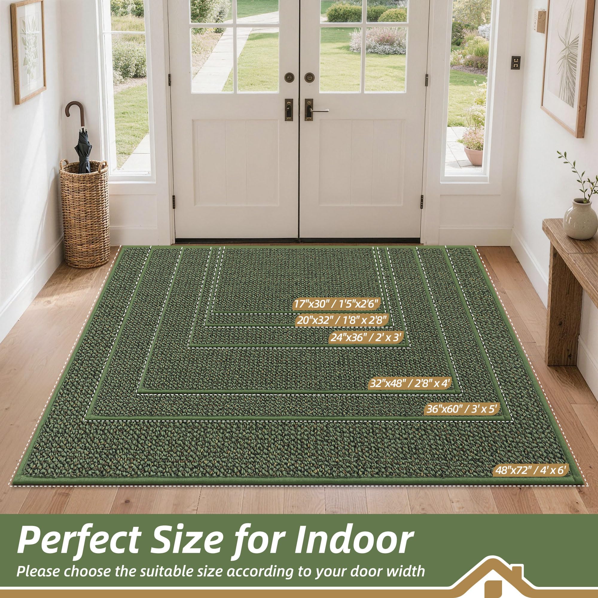 Condition photo showing New/Like New for beqhause dirt trapper door mat 24" x 36", non-slip washable doormats entrance mat, dirt resistant and absorbent welcome mat, low profile floor mats for front back door and entryway, green