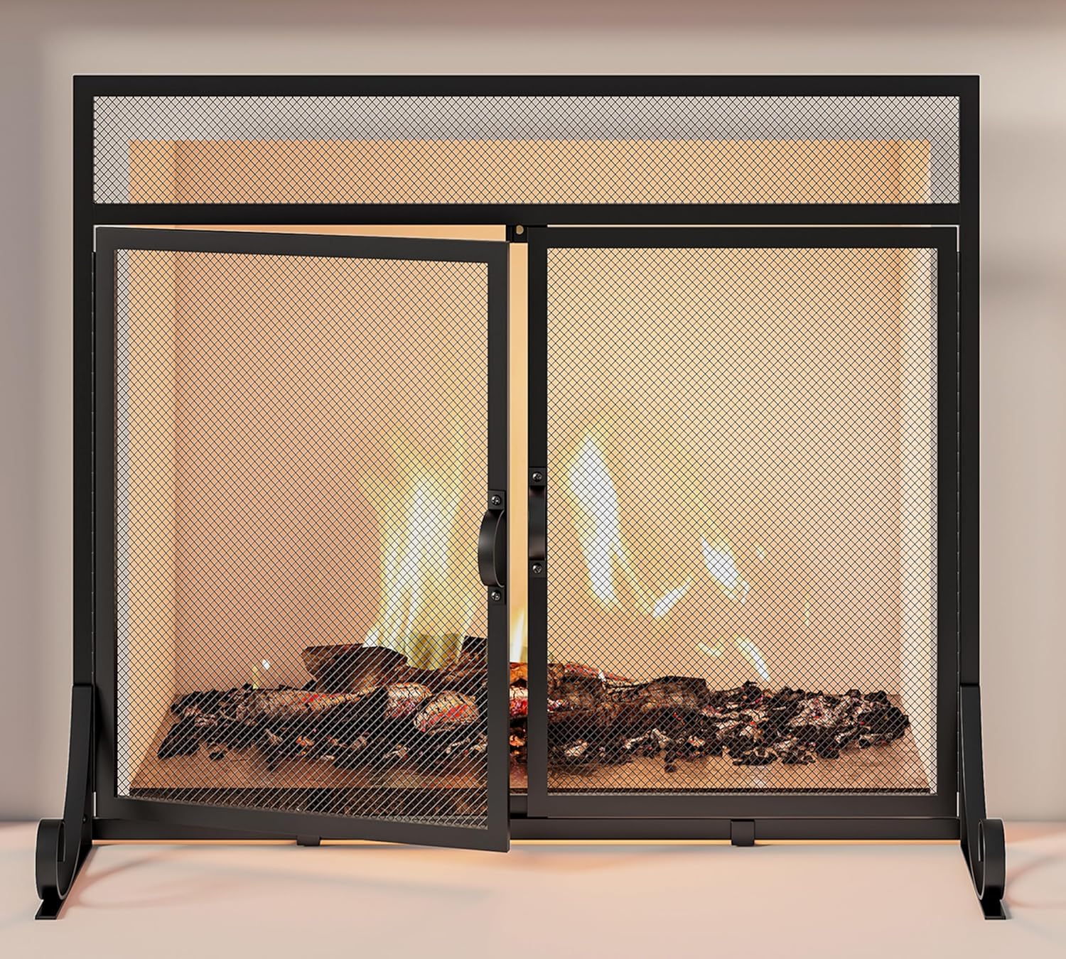 Flat Fireplace Screen with Doors,Solid Wrought Iron Frame with Metal Mesh, Flat Panel Decorative Fireplace Screen with Modern Design, Free Standing Spark Guard