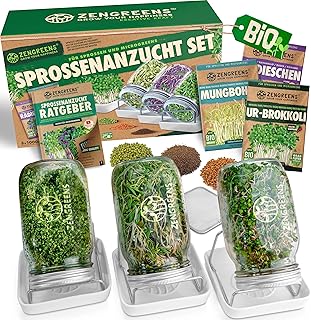 zengreens® Bio Sprossen Anzuchtset – Sprossenglas 1er, 2er oder 3er Set – Enthält Keimglas, Anzuchtschale und Sprossensamen – inkl. 50-seitigem Ratgeber und 10-teiligem Online Videokurs