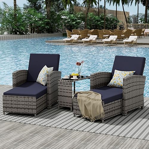 Outdoor Patio Chairs with Ottomans, 5 Piece Outdoor Patio Furniture Set, Wicker Patio Conversation Set, Outdoor Sofa with Ottoman, and Table for Porch, Garden, and Balcony, Blue