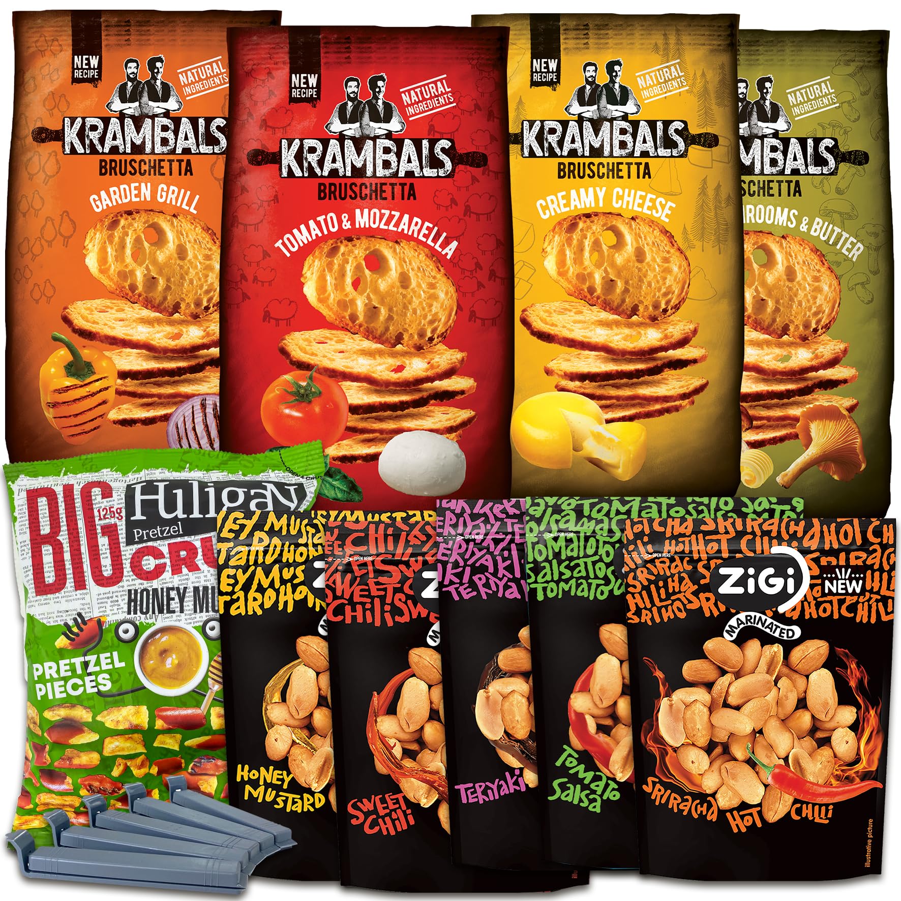 Nuts´n Snacks Box (755g) Erdnüsse, Brotchips und Brezelstücke mit Geschmack inkl. Tütenclips