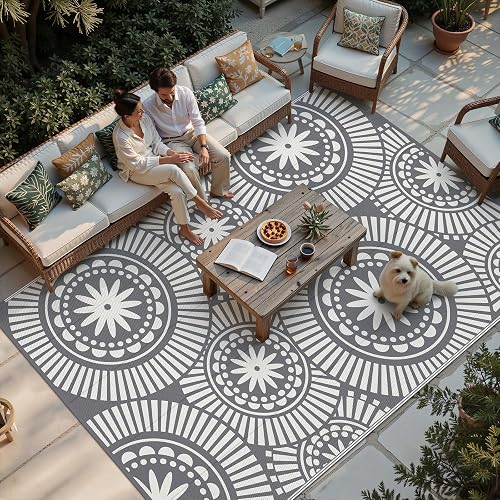 Ileading Outdoor Patio Rug Waterproof, Reversible Plastic Straw Mat, Grey Geometric 8×10 ft