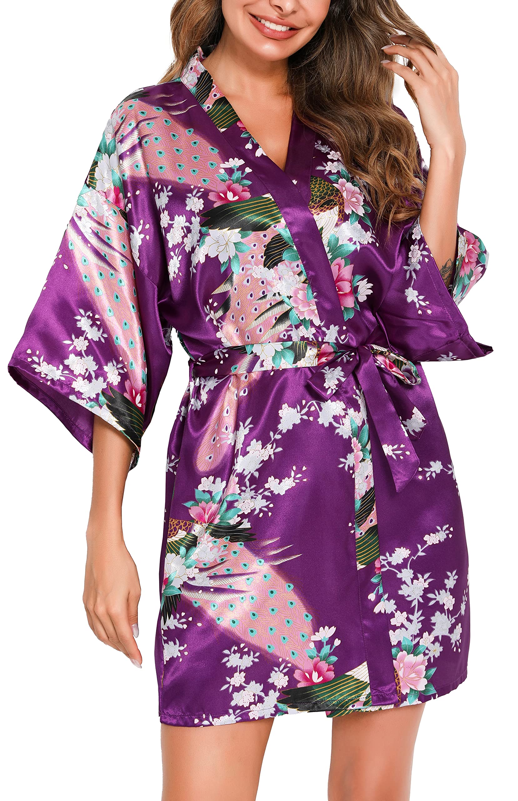 Vlazom Kimono Mujer Vestir Corto de Satén, Bata Seda Mujer de Cuello en V con Estampado Floral y de Pavo Real, Batas Novia y Dama de Honor de Manga 3/4 con Cinturón,S-XXL