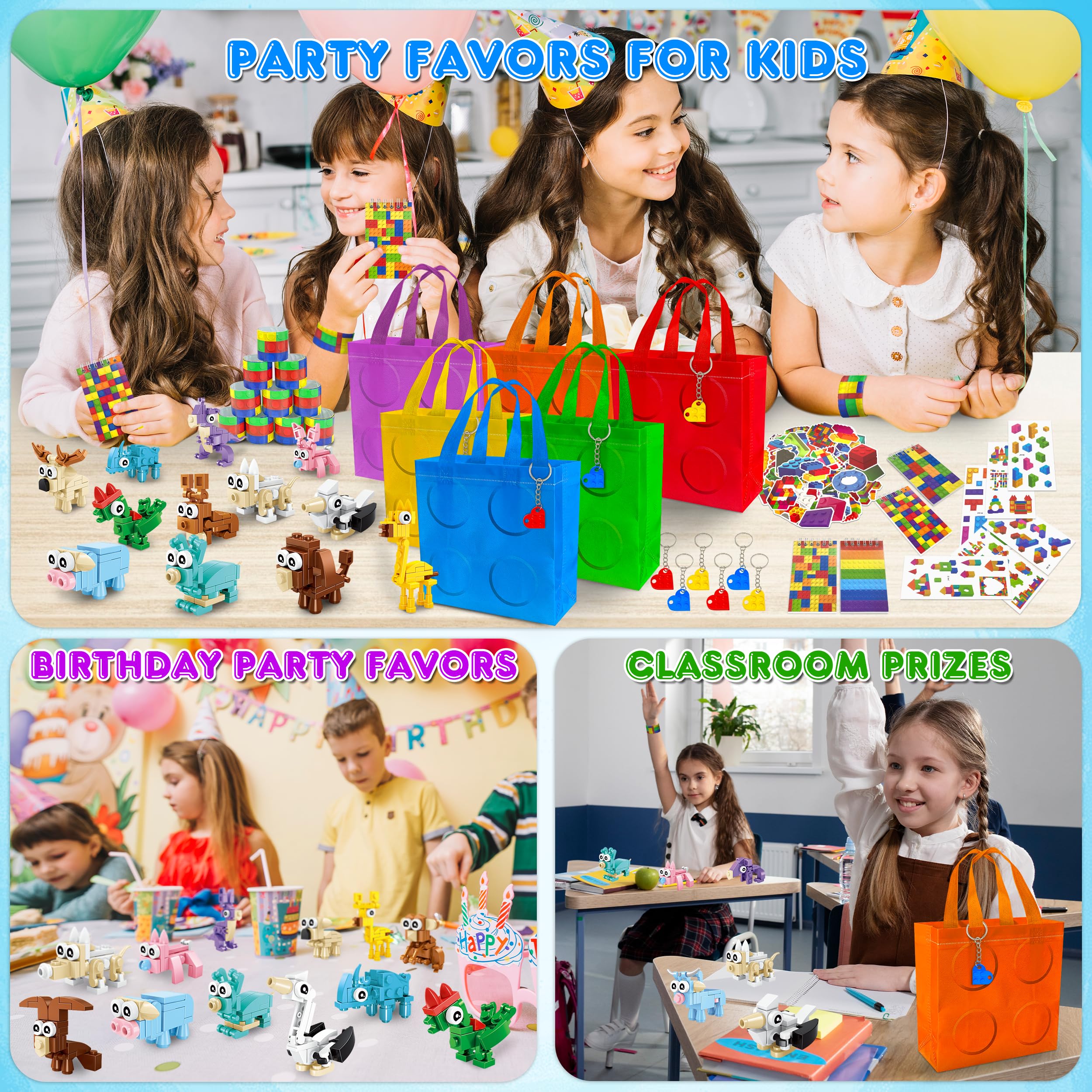 LINAYE 12 Packs Building Blocks Party Favors - 122 Pcs Birthday Party Favors Supplies with Goodie Bags, Animals Building Blocks, Notebooks, Tattoo Stickers Sheets Gift Bag Stuffers for Kids