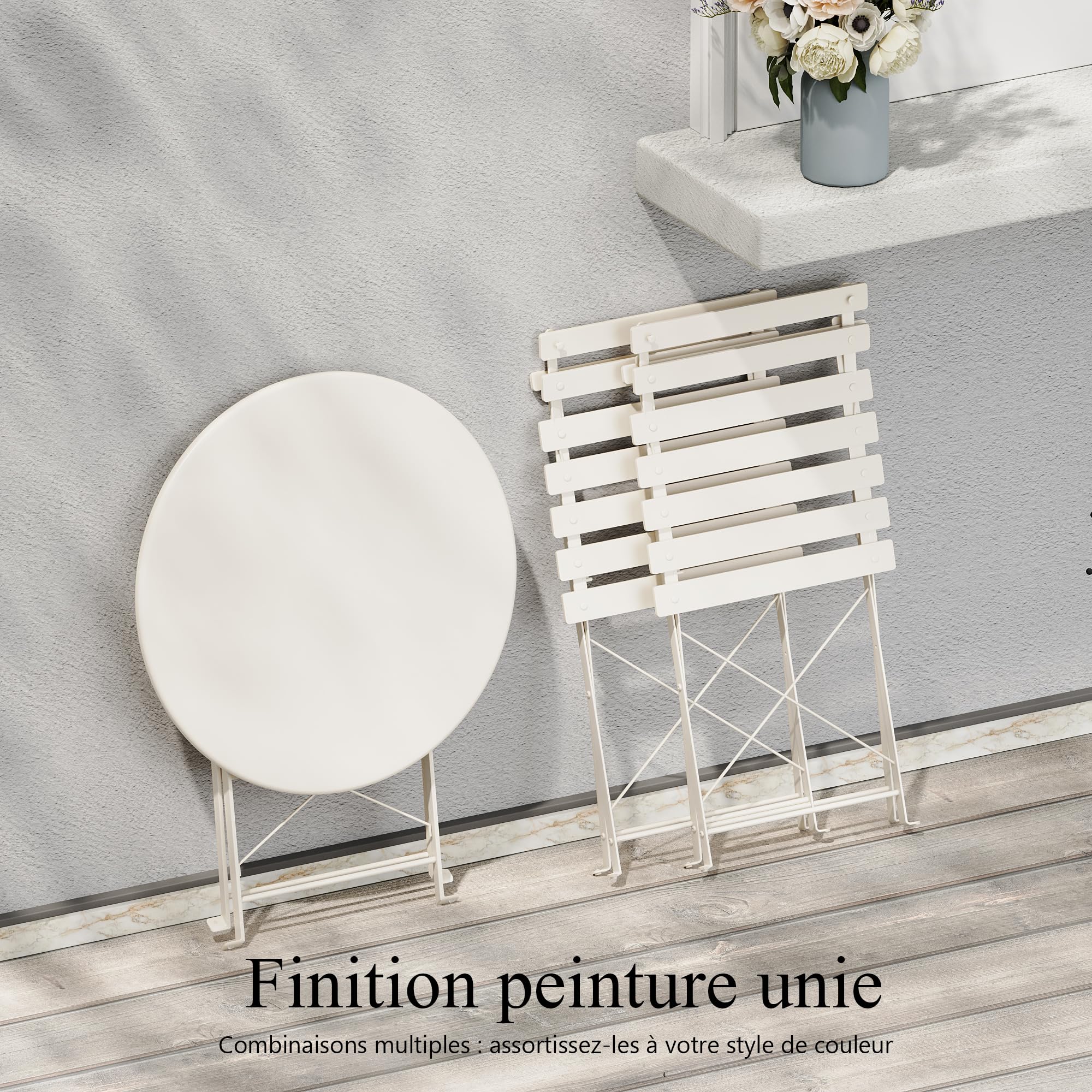 DEWINNER Ensemble De Table Et Chaises De Jardin, Salon De Jardin Extérieur 3 Pièces, Table Ronde avec 2 Chaises Pliantes, Pliable, Blanc, Nappe Imperméable Incluse, pour Balcon, Terrasse, Cour