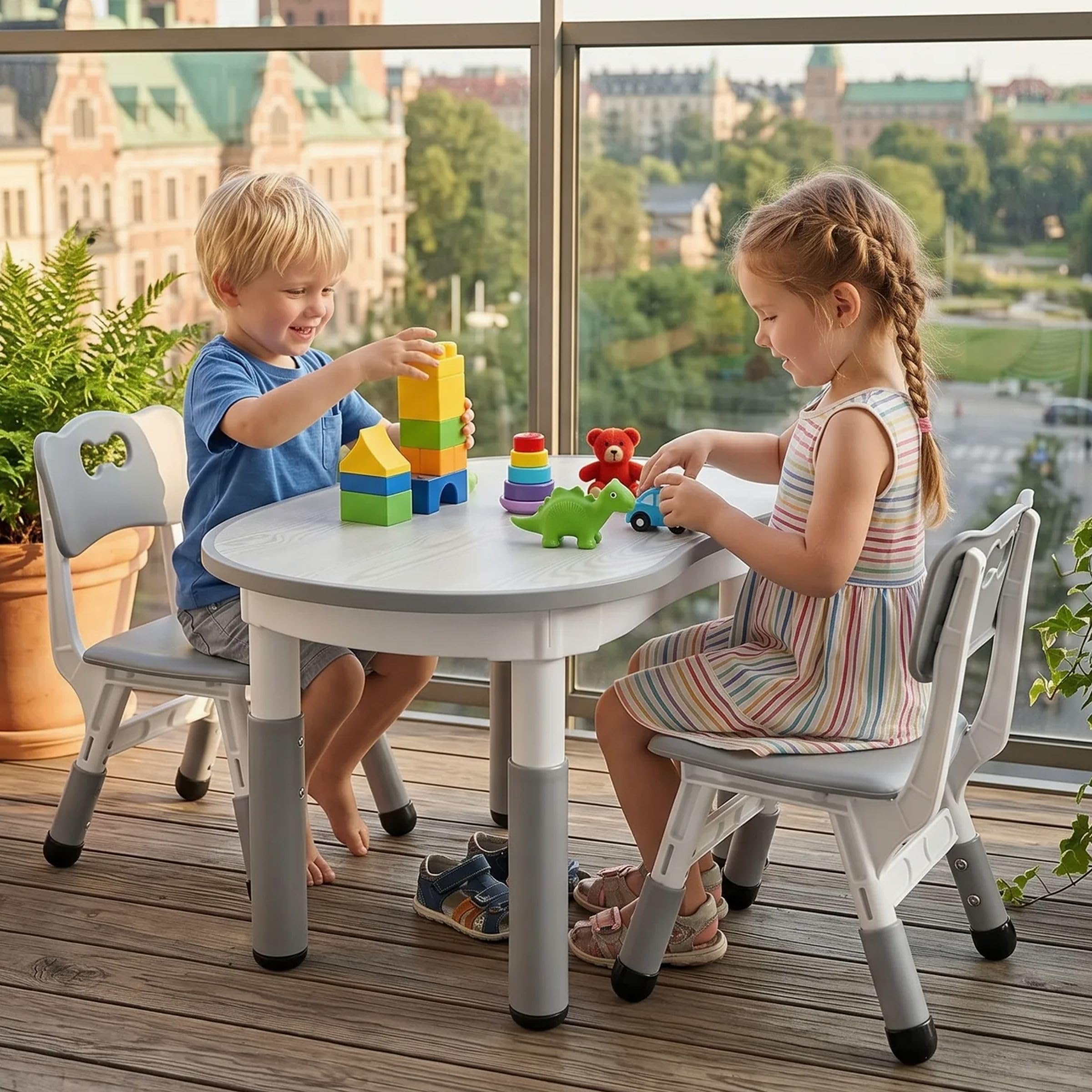 Kindertisch mit 2PCS Stühlen, Packung mit 2 Stühlen, Kindersitzgruppe Höhenverstellbar,Plastik Kinder Tisch Stuhl Set, Erdnussform, Maltisch,Kinder Schreibtisch für Kindertagesstätte/Kindergarten,Grau