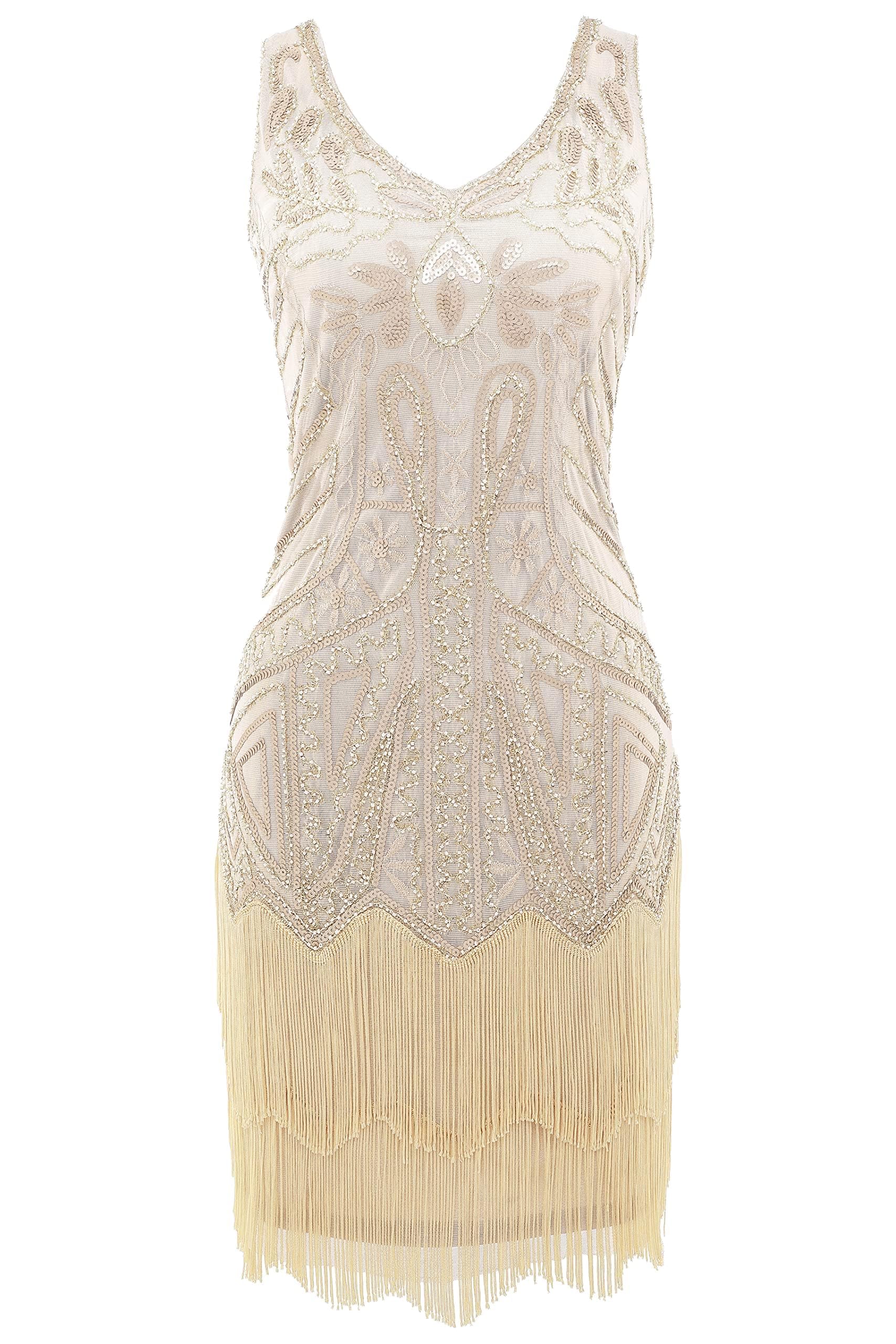 BABEYOND Damen Retro 1920er Stil Flapper Kleider Set mit Zwei Schichten Troddel V Ausschnitt Great Gatsby Motto Party Kostüm Kleider Set