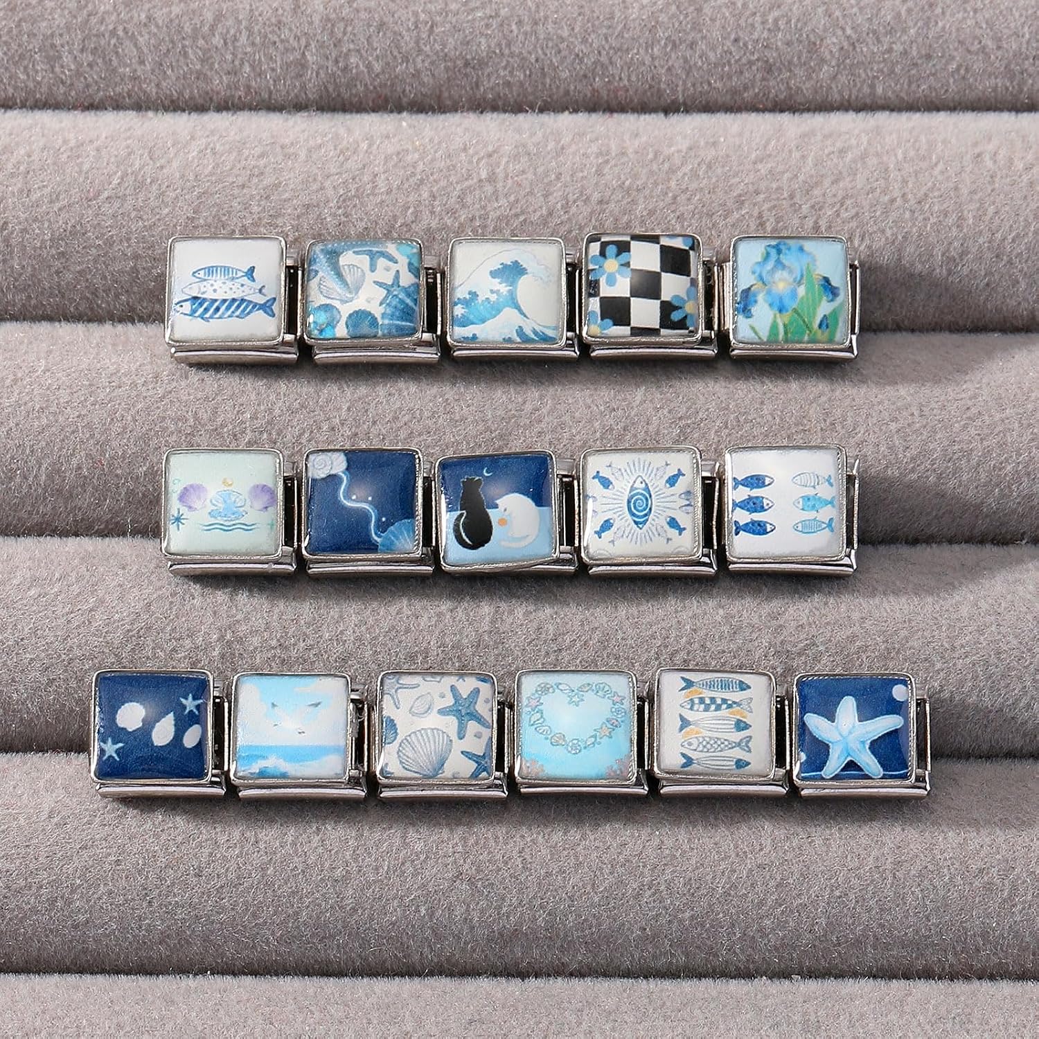 papasgix 11Pcs Italian Charms Set, 10mm*9mm Silvery Square Italian Charm Bracelet Link Colorful Patterns Shell Sea Star Cat Stainless Steel DIY Jewelry Gifts