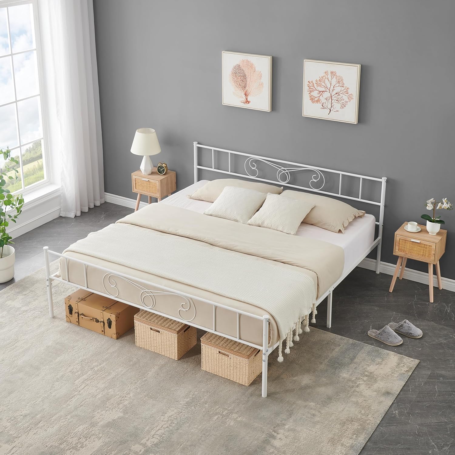 Metal Platform Bed Frame with Headboard & Footboard, Steel Slats Mattress Foundation No Box Spring Needed, 800Lbs Capacity, Noise-Free