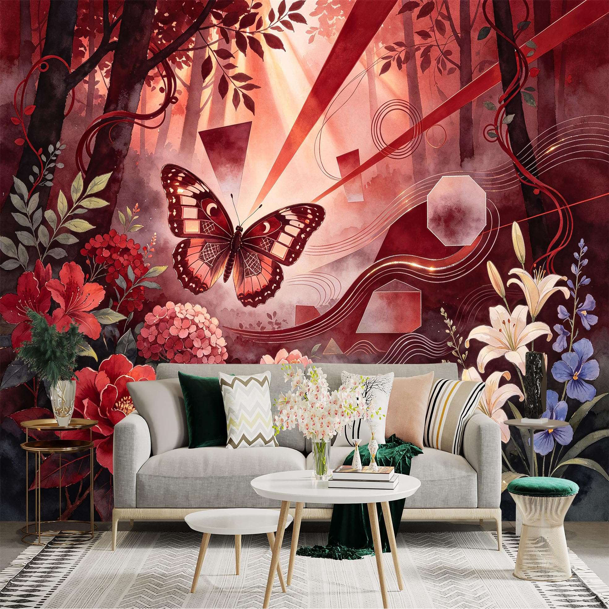 Custom Size Wall Sticker Mural， Red Forest Butterfly， Watercolor Floral Stream， Abstract Geometric Elements， for wall Decoration， peelandstick wall Decals.