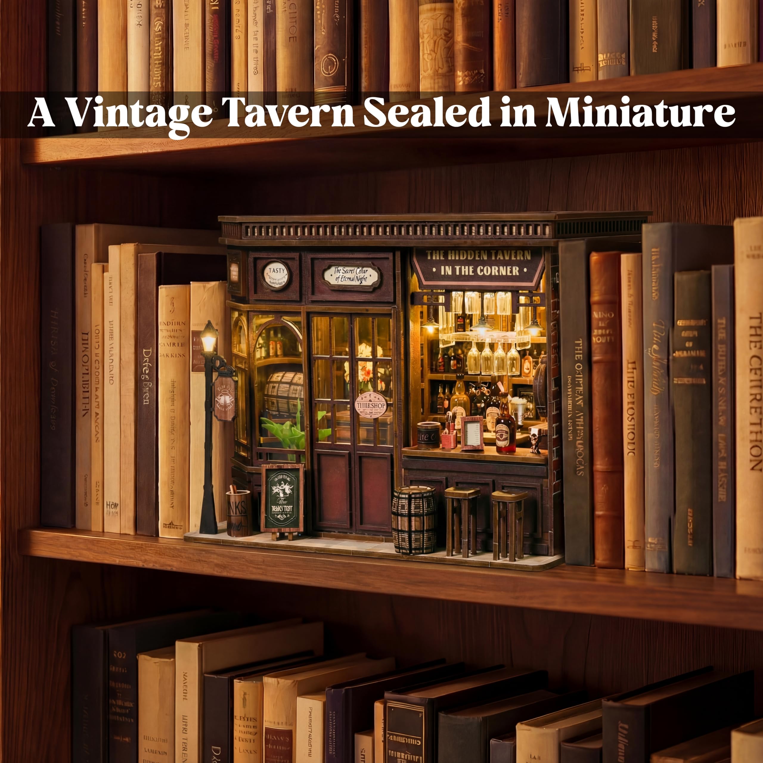 Kit per angolo libri a LED per adulti, kit fai da te in miniatura, kit per casa delle bambole in legno, kit per lavori artigianali, decorazione per librerie, puzzle 3D per adulti, regali per