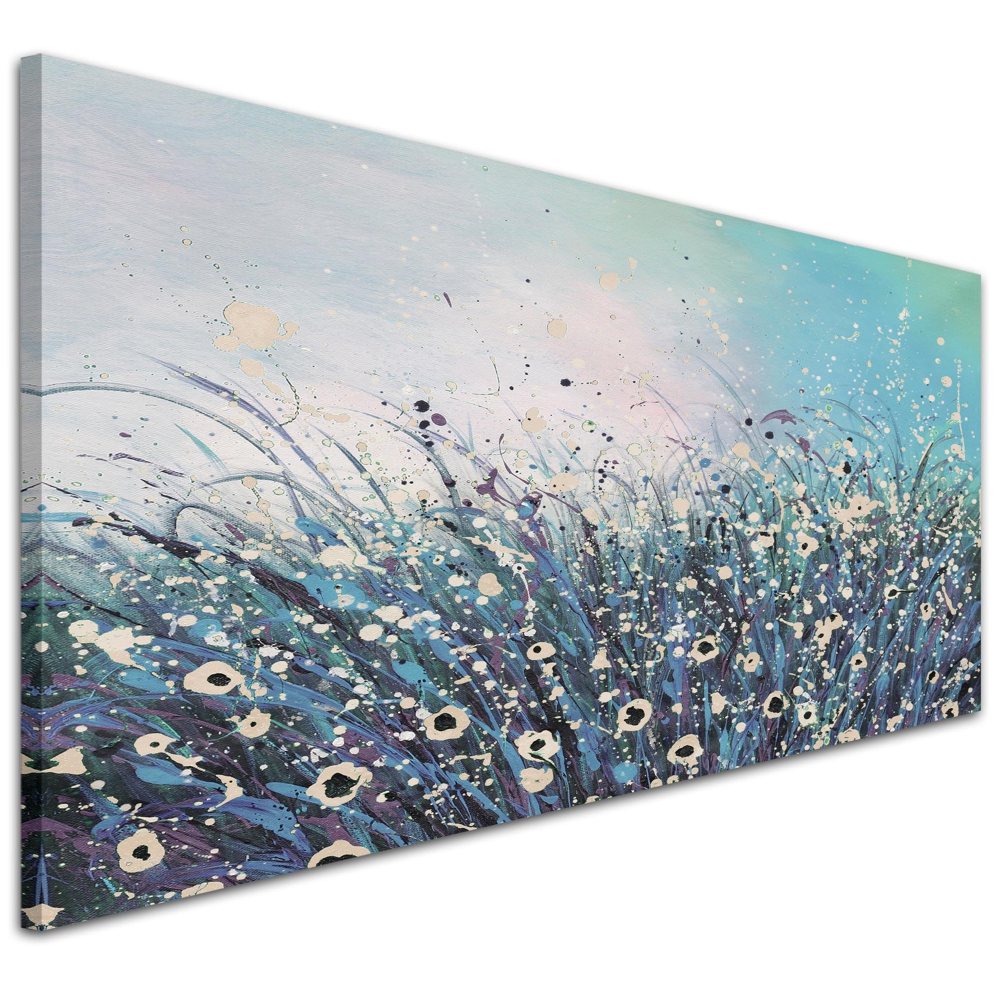 Wallfillers Teal and Cream Floral Abstract Flowers Canvas Modern - 1260-118x49cm