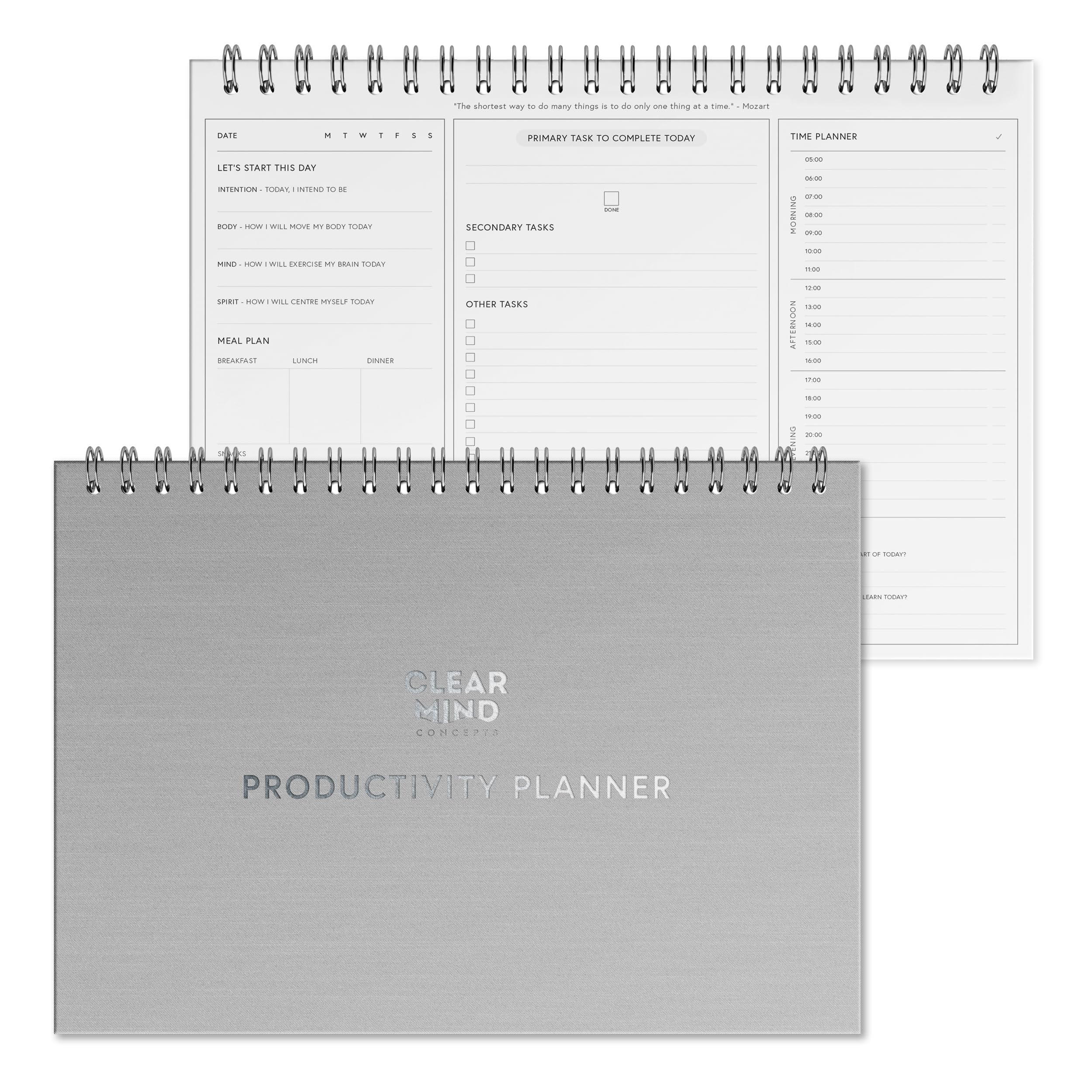 Daily Productivity Planner by Clear Mind Concepts® - A4 Spiral Bound, 160gsm Thick Double-Sided Pages for Mind, Body, Spirit & Time Management for 6 Months of Self Mastery (Updated Edition)