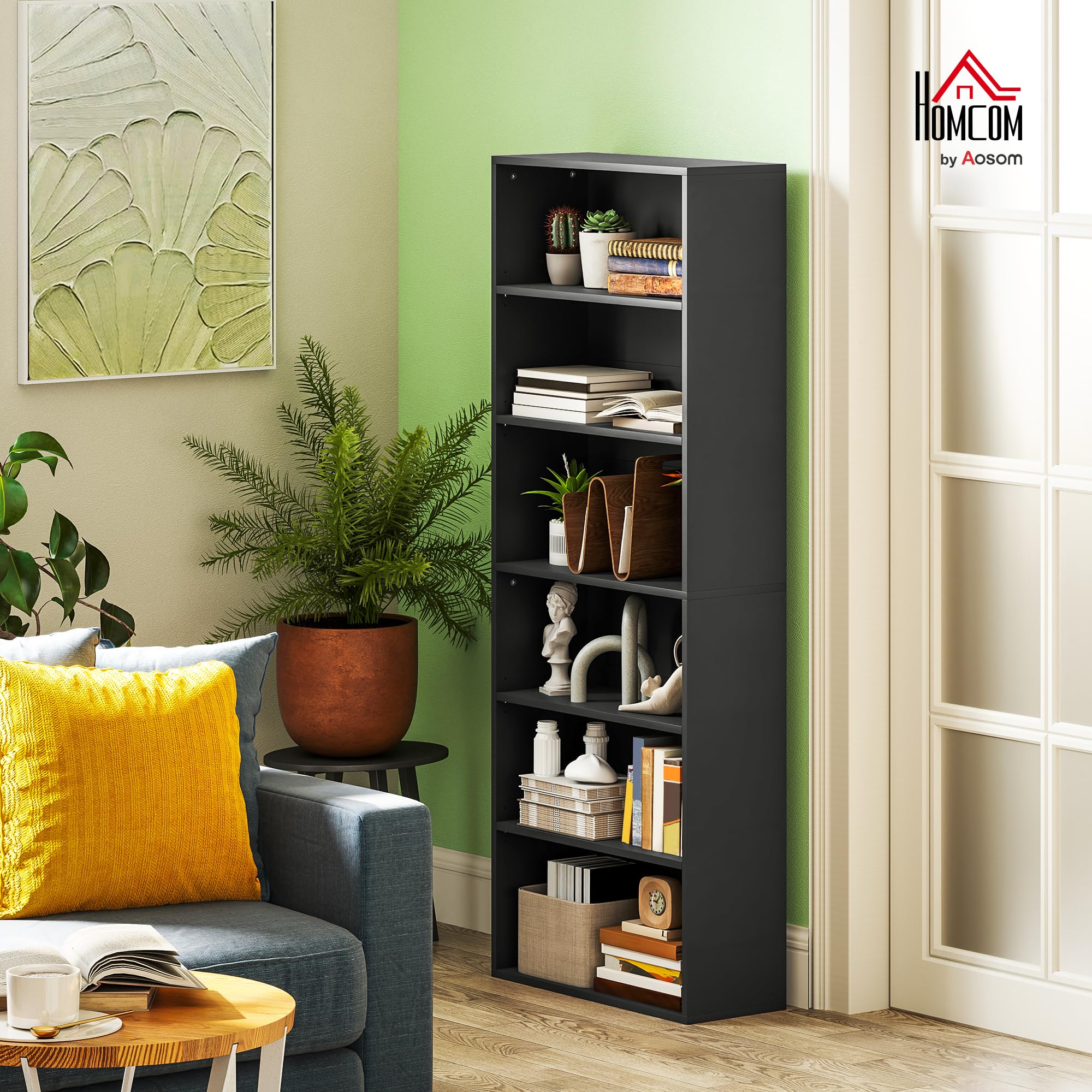 HOMCOM Bibliothèque Étagère de Rangement 60x24x158,5cm Noir | Avec 6 Compartiments, Étagère Réglable, Meuble de Rangement, pour Bureau, Salon, Chambre
