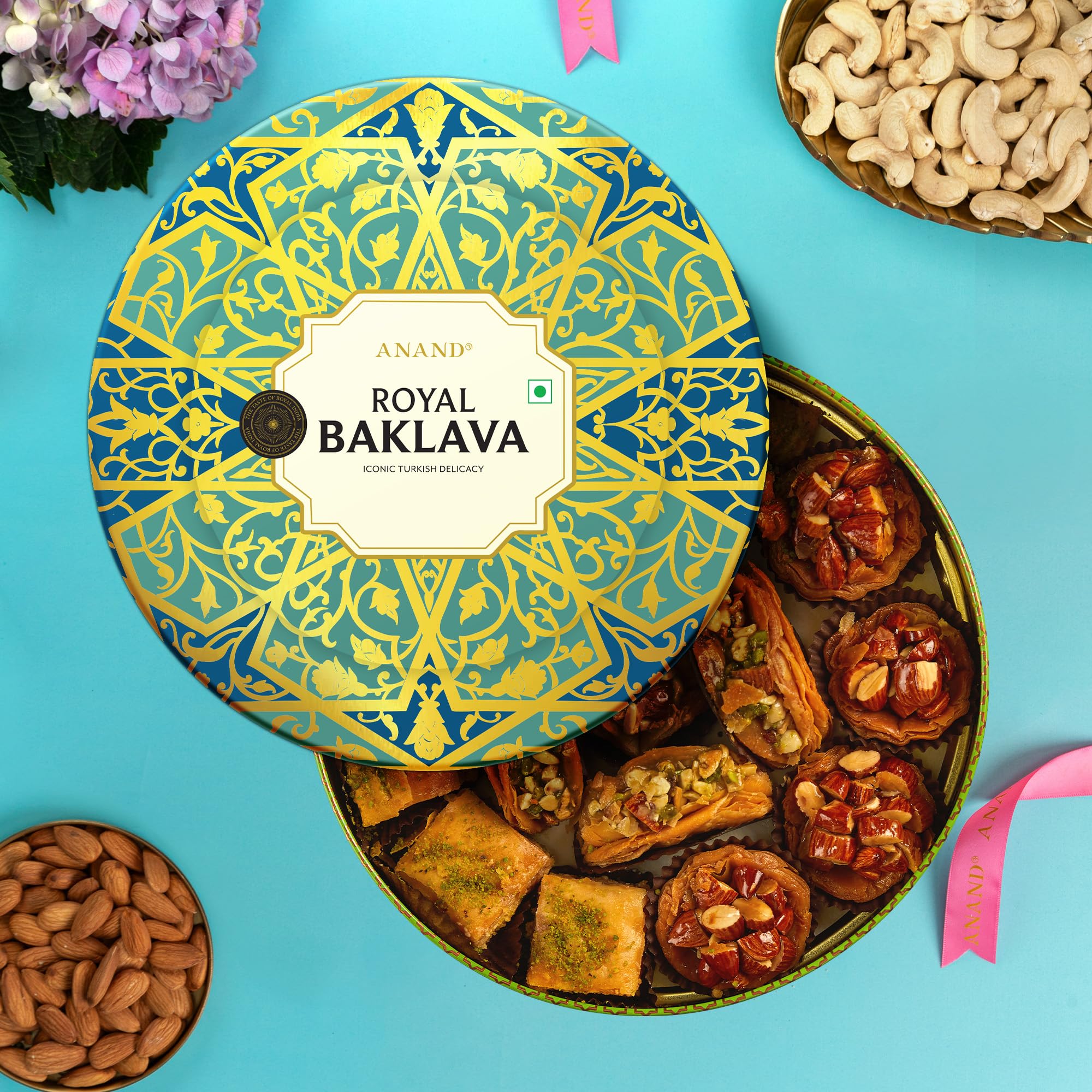 Anand Royal Baklava Round Tin Box 350gm - Assorted Tarts with Imported Nuts & Pure Ghee Dipped in Honey Syrup Tin | No preservatives, Sweets for festival & gifting to Friends & Family, Turkist Dessert-image-13