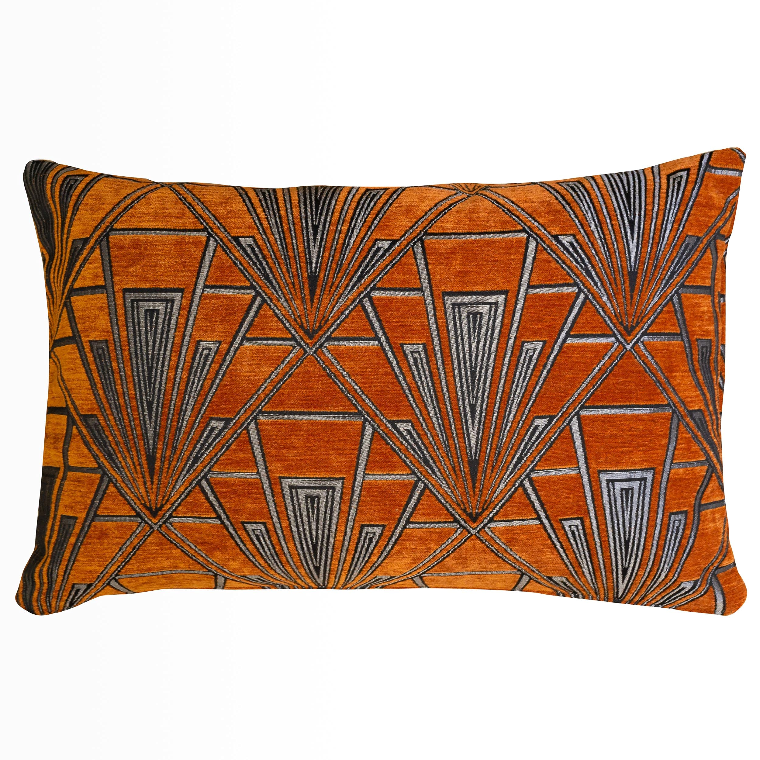 Linen Loft Art Deco Geometric XL Rectangular Cushion Cover. Double Sided Luxury Velvet Chenille. Deep Burnt Orange and Silver. Bold Geometric 20s and 30s Style. 23x15 XL Cover Only.