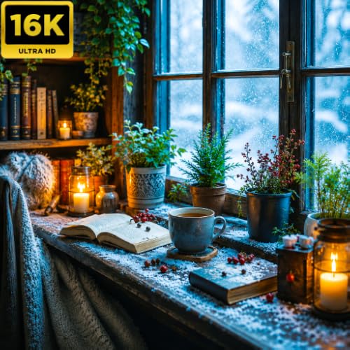 Cozy Reading Room Books, Tea, Candles, Snowfall & Relaxing Music