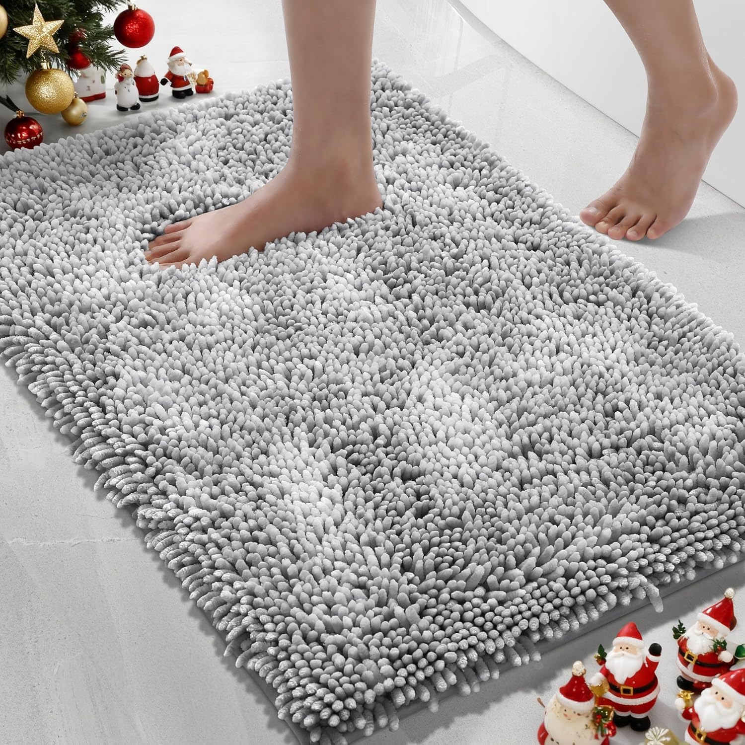 yimobra chenille bathroom rugs non slip, extra thick soft absorbent bath rug, machine washable quick dry bath mat for bathroom floor, tub and shower, home decor accessories, 24x17, light grey light grey solid rectangular 24" x 17"