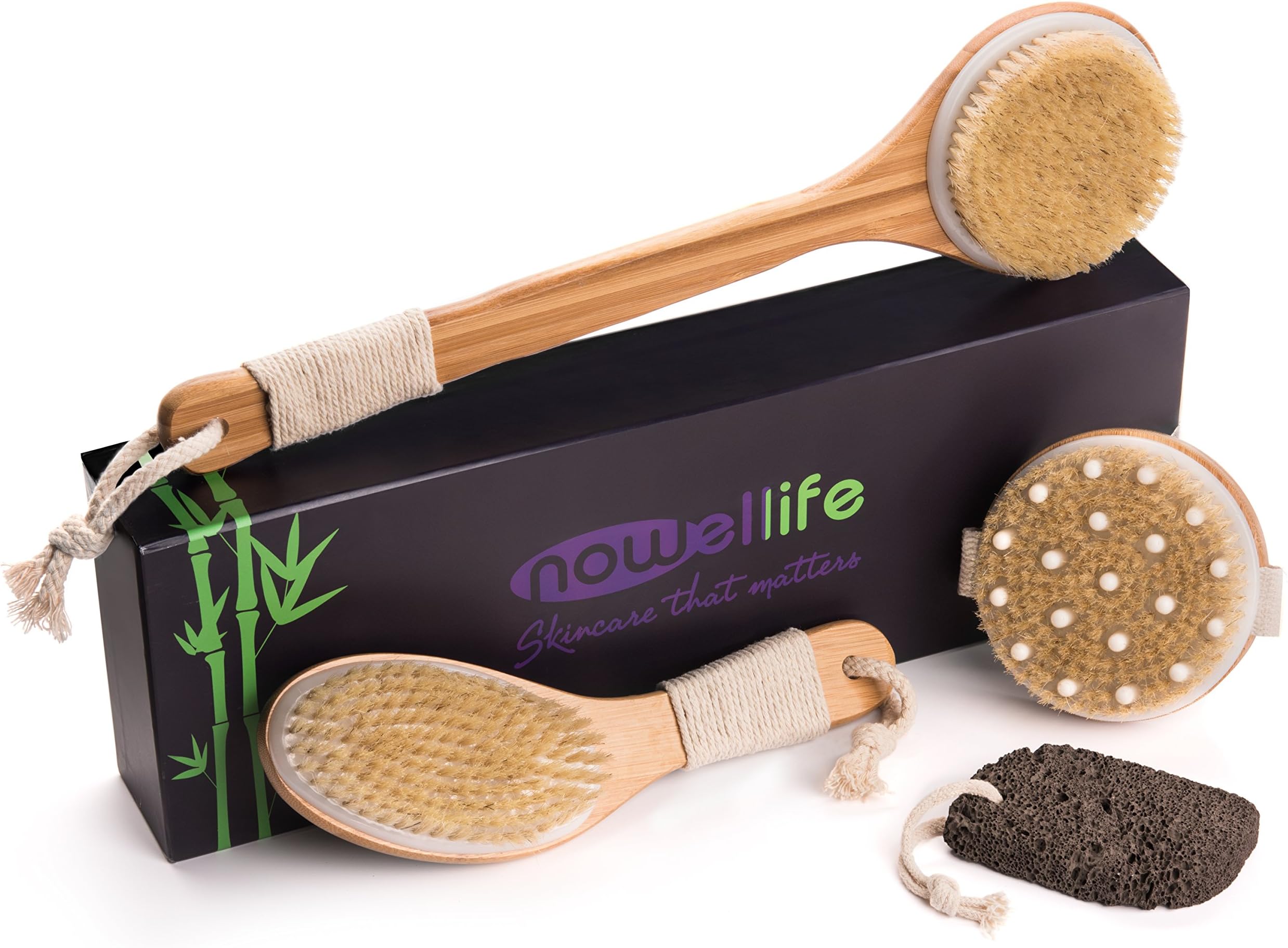 Dry Brushing Body Brush Set - Large Set: Bamboo - Natural Boar Bristle Dry Body Brushes Best for Cellulite and Lymphatic Flow, Dry Skin Exfoliation, Detox, Pumice Stone Gift, How To Guide