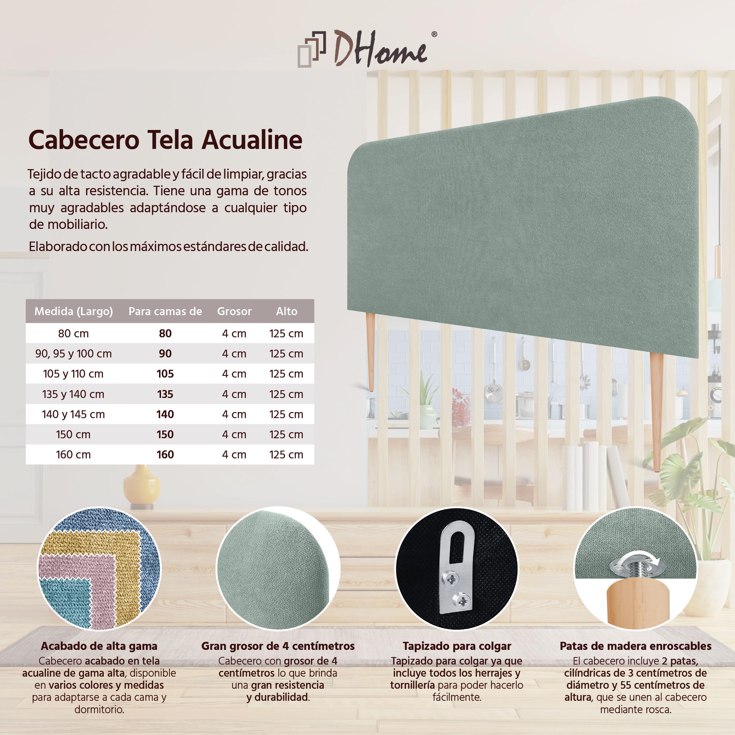 DHOME Cabecero Tapizado Liso Curvo Tela Aqualine 70cm Altura con Patas para Pared Acústicos Cabeceros Absorbentes Cabezal Cama Dormitorio (Verde Agua, 160cm)