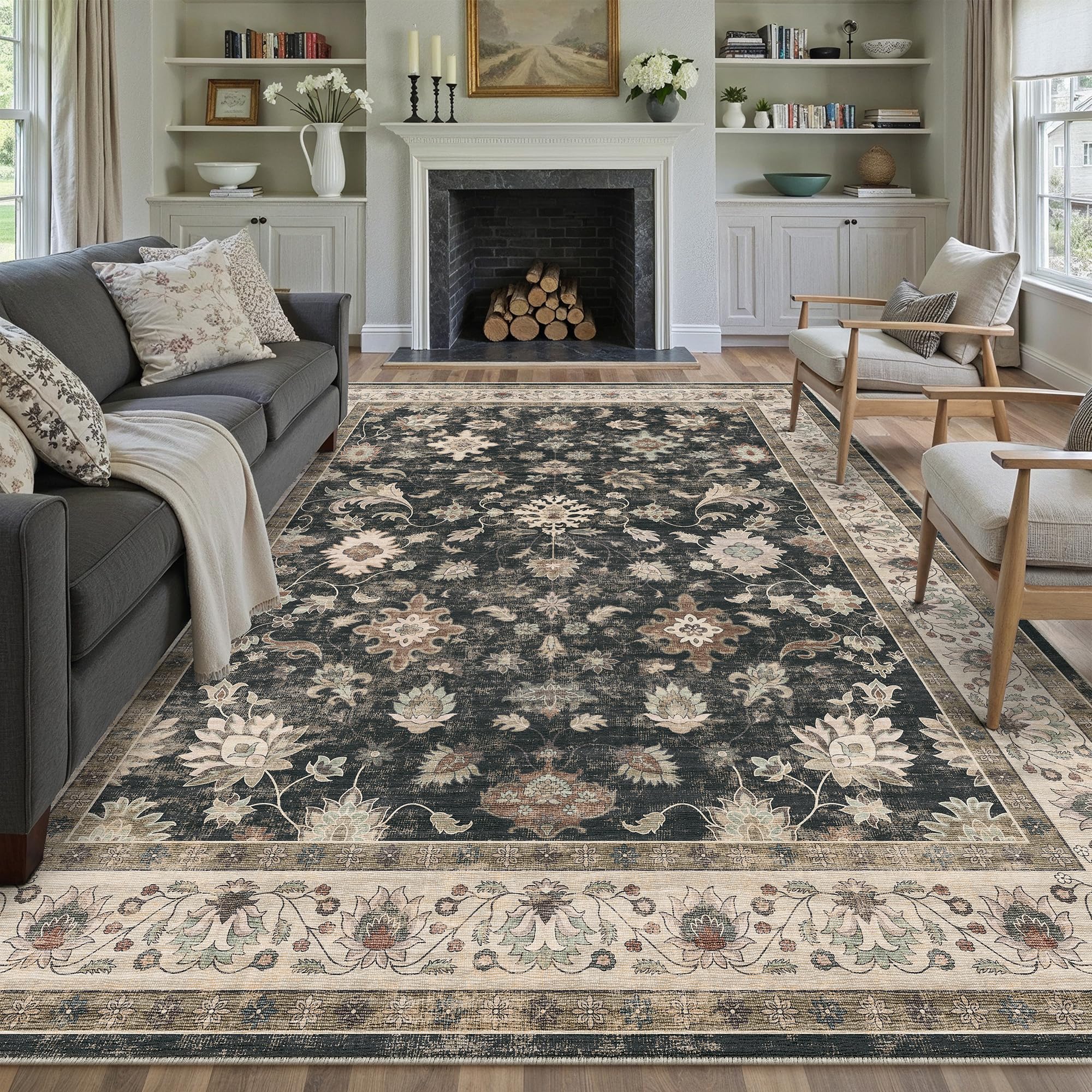 PureCozy Dywan do salonu, 200 x 300 cm, nadaje się do prania, wzór kwiatowy, krótkie runo, antypoślizgowy, miękki dywan w stylu boho, vintage, do sypialni, kuchni, jadalni, sypialni, salonu, czarny