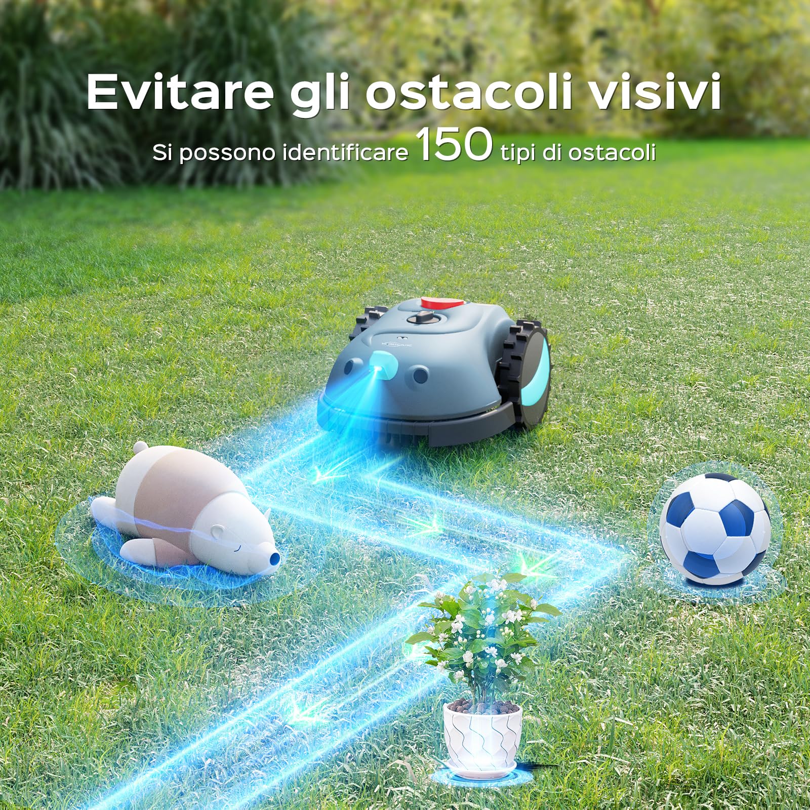YARDCARE V100 Robot Tagliaerba a Batteria con Navigazione Visiva, Rilevamento di 150 Ostacoli, Robot Tosaerba Elettrico Fino a 150 m², Robot Tosaerba Eelettrico con Lame di Ricambio