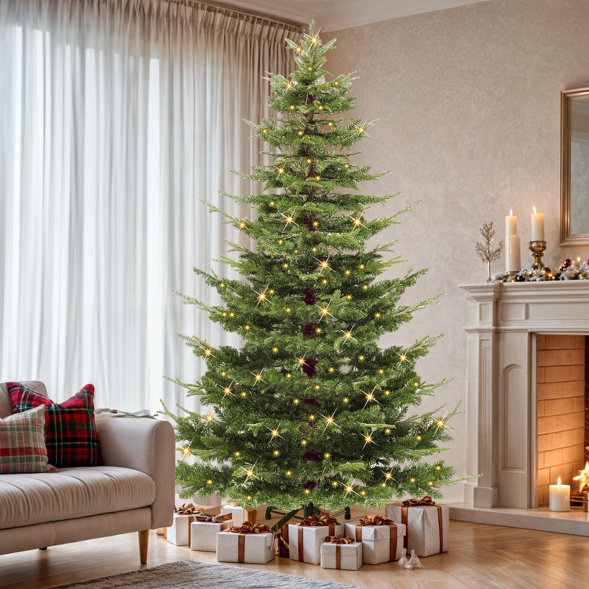 Photo 1 of YITAHOME Pre-Lit Aspen Fir Artificial Christmas Tree 7.5ft with Remote, Layered Christmas Tree with Crystal Decorations, Noble Holiday Decor with 1319 PE & PVC Mixed Branch Tips, 700 Lights, Green