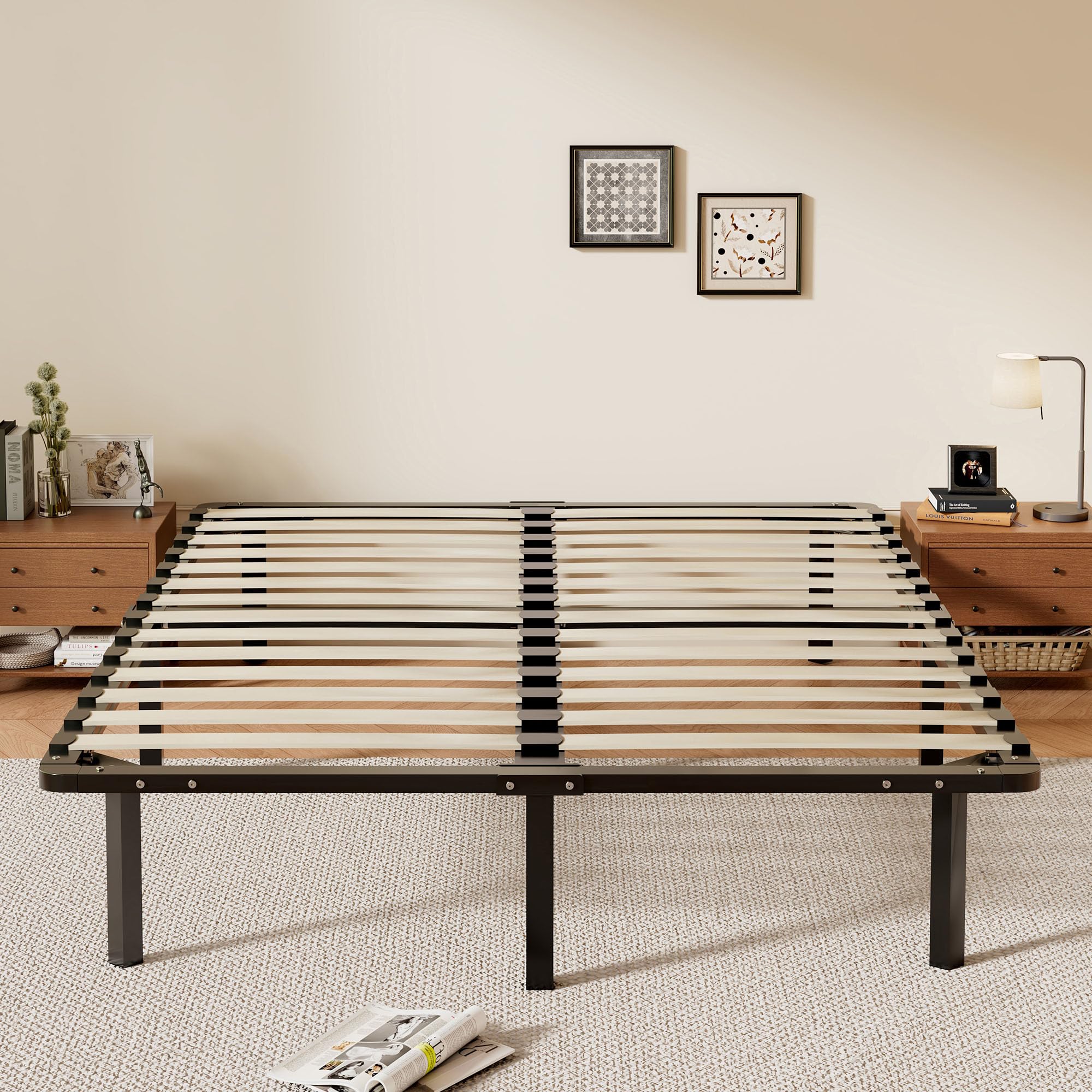 TEENO Rete Letto Matrimoniale 160x190 a Doghe in Legno,con 9 Gambe e 2x14 File di Doghe,Alto Sotto Letto 32 cm per Ampio Spazio di Archiviazione,Adatta a Tutti i Tipi di Materassi,Stile Moderno