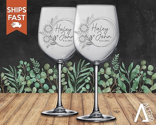 Miniatura 6 de Alterd Industries Personalized Wedding Set - Sunflower Wine Glasses, Engraved Wedding Glasses, Personalized Wedding Gift, Anniversary Gift, Flowers,