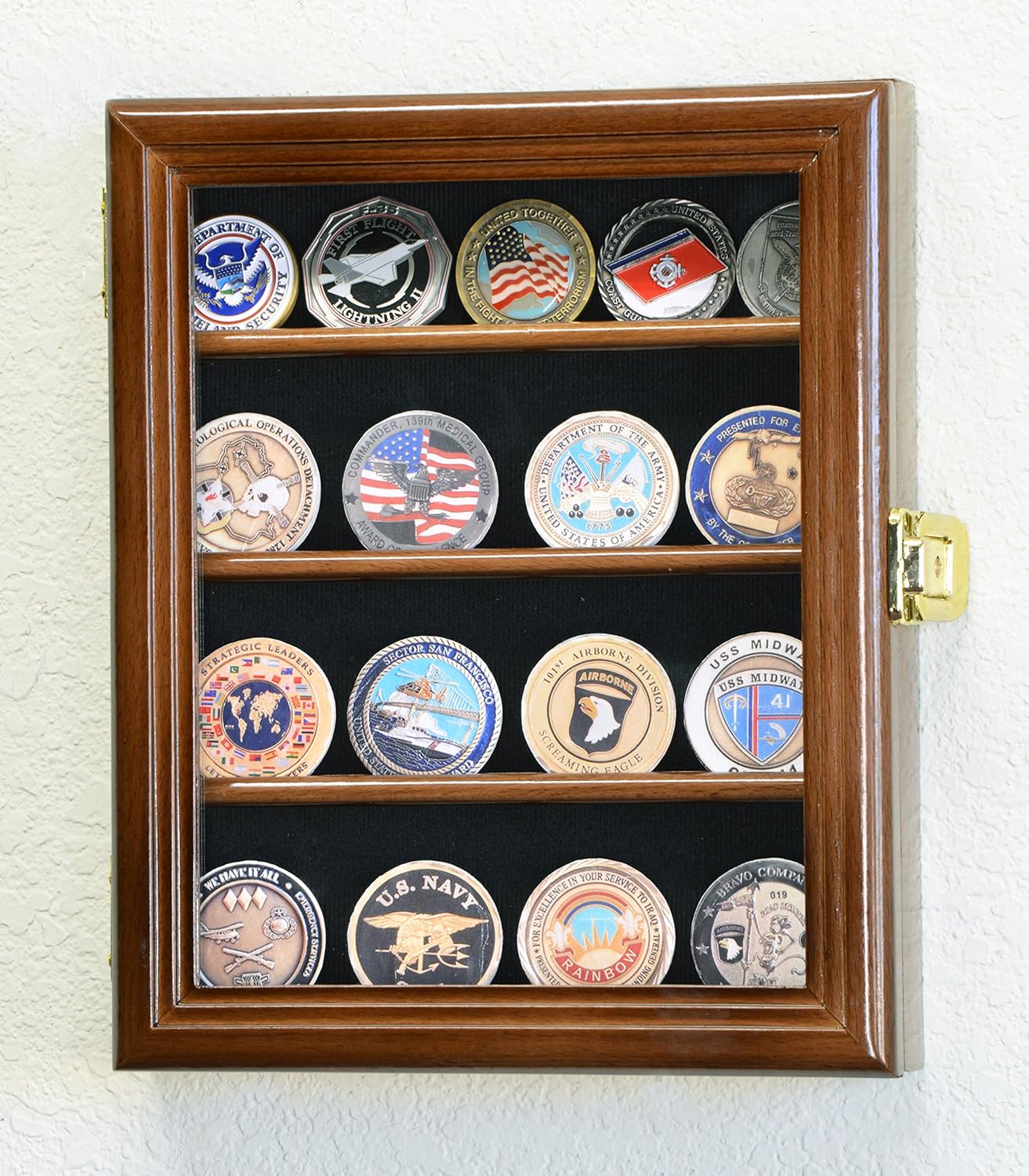XS Military Challenge Coin Display Case Cabinet Holder Rack Box Holds up to 20 Coins, 98% UV, Lockable