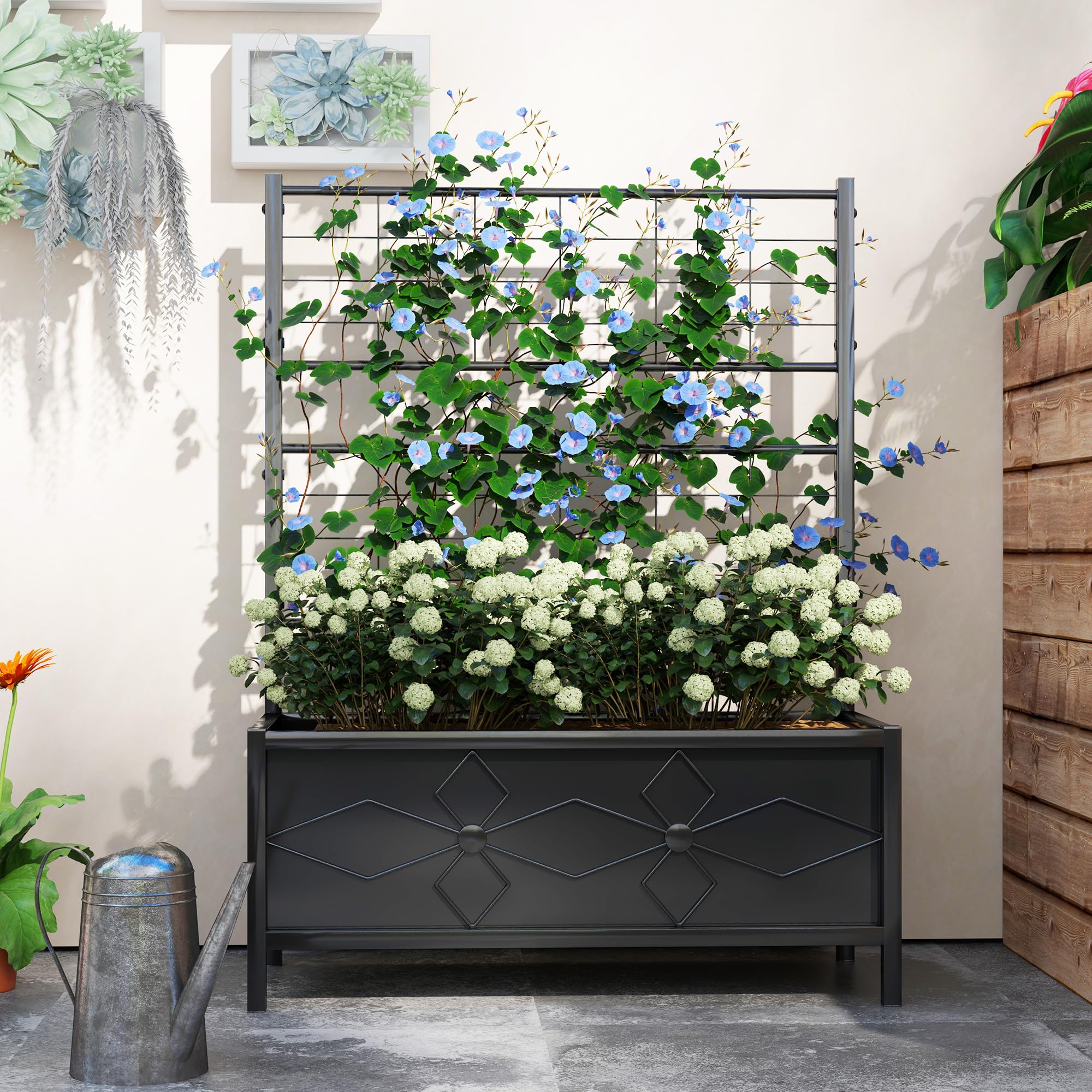 Outsunny Letto per Orto Rialzato da Esterno con Spalliera, Decorazione a Diamante, Fioriera con Traliccio per Piante Rampicanti in Acciaio con 2 Fori di Drenaggio, per Piante, Fiori, 90x40x120cm, Nero