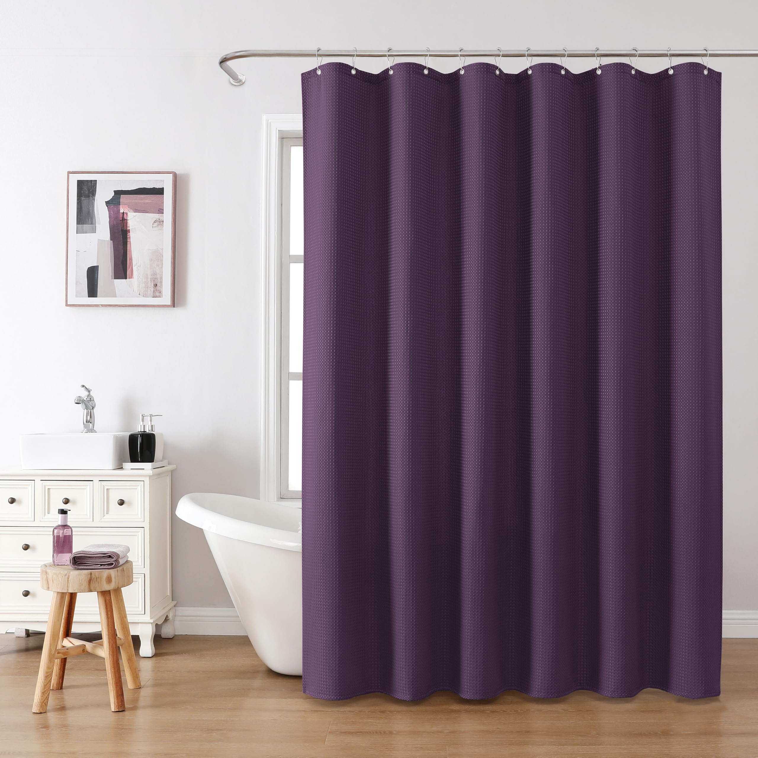 VANZAVANZU Shower Curtain for Bathroom with Metal Hooks Waffle Fabric Shower Curtain Heavy Duty Bath Curtain for Wet Room Bathtub Shower Stall Weighted Hem - Image 2