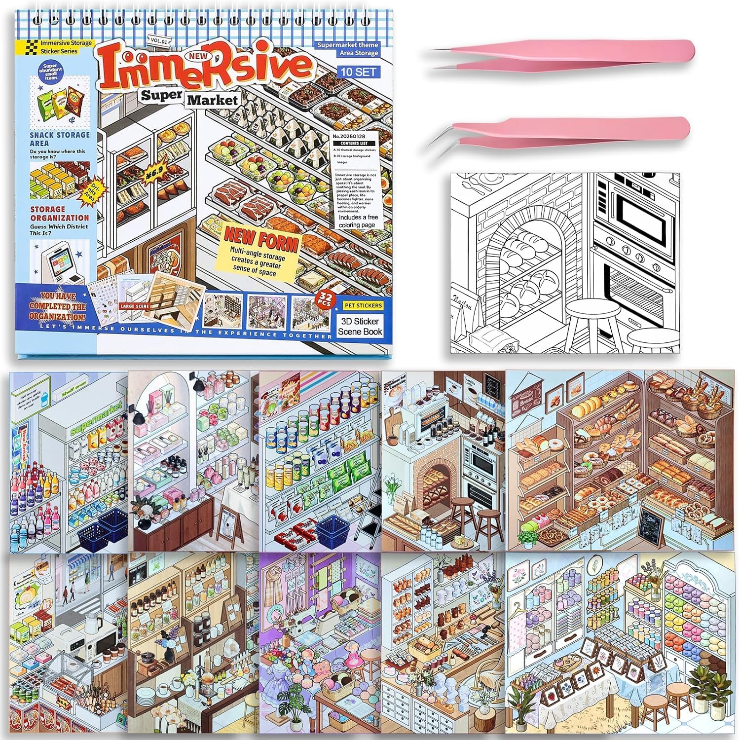 10 Sets Big 3D Sticker Scene Book, Immersive Storage Sticker Therapy Set