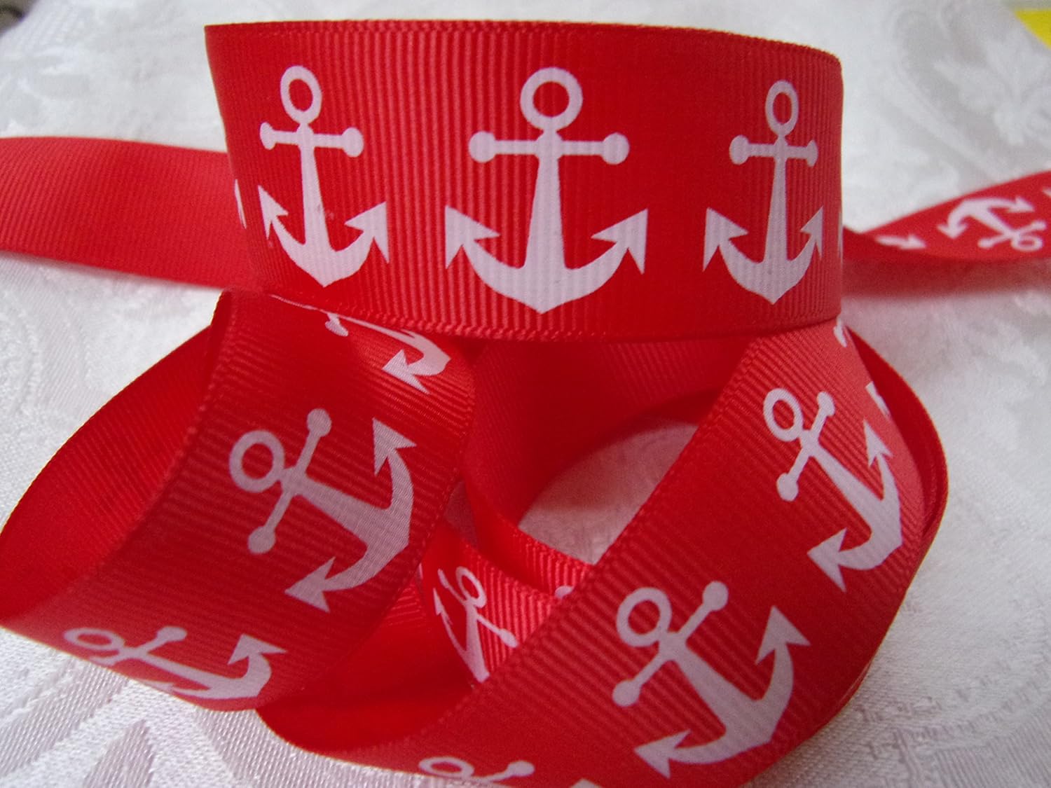 Grosgrain Ribbon - Red with White Anchor Print - 7/8 Inch Wide - 5 Yards Hair Bows & Crafts!