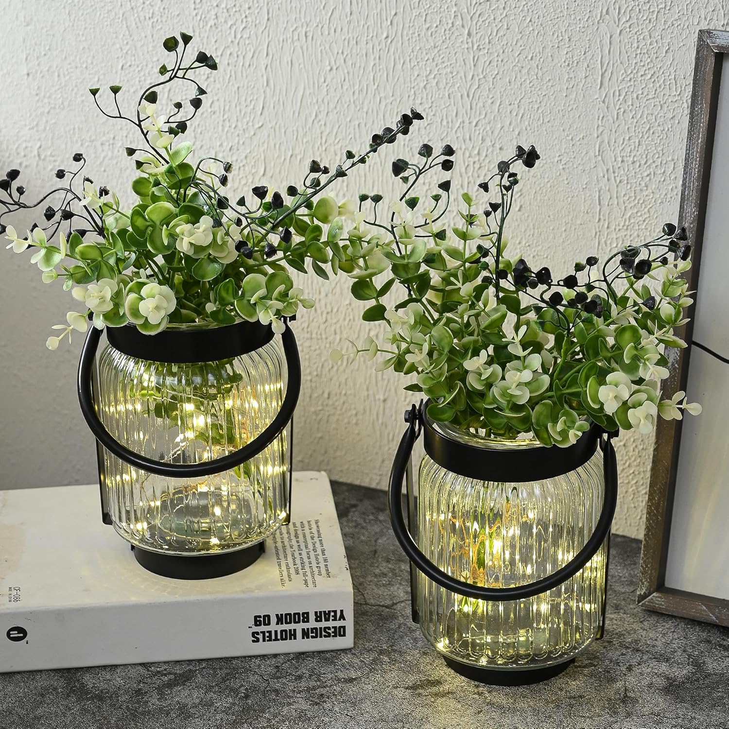 Vintage Glass Farmhouse Vase with Rustic Metal Frame & Faux Greenery, Decorative Lantern Vase for Home Decor, Floral Arrangement, Table Centerpiece, Hostess Gift 2 Pack - Image 6