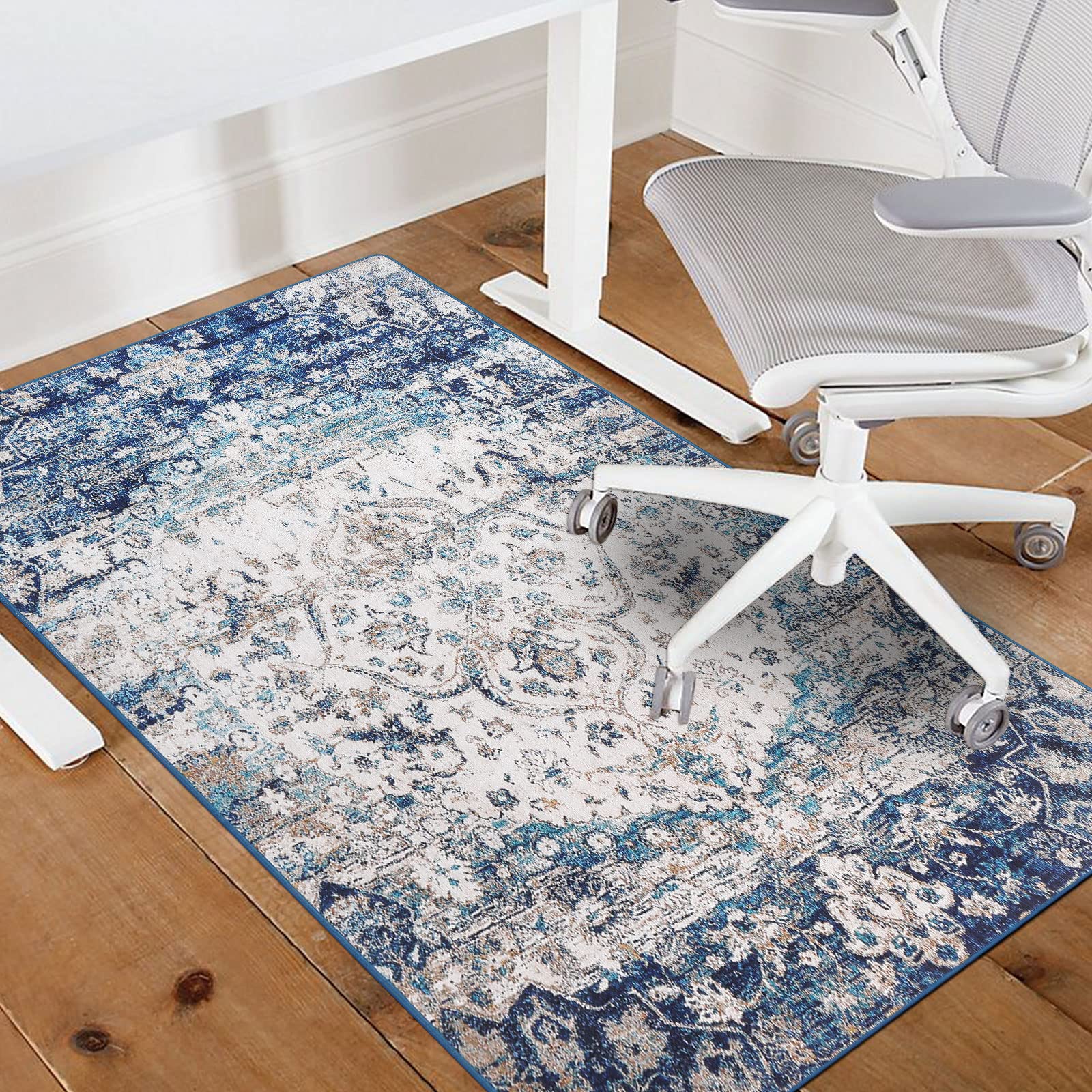 TopotdorHome Office Chair Mat for Hardwood Floor,35"×60" Boho Computer Gaming Rolling Chair Mat Anti-Slip Washable for Tile Floor Protector,Blue Washed