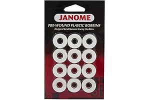Janome 12 Pack Pre-Wound Plastic Bobbins, White Thread