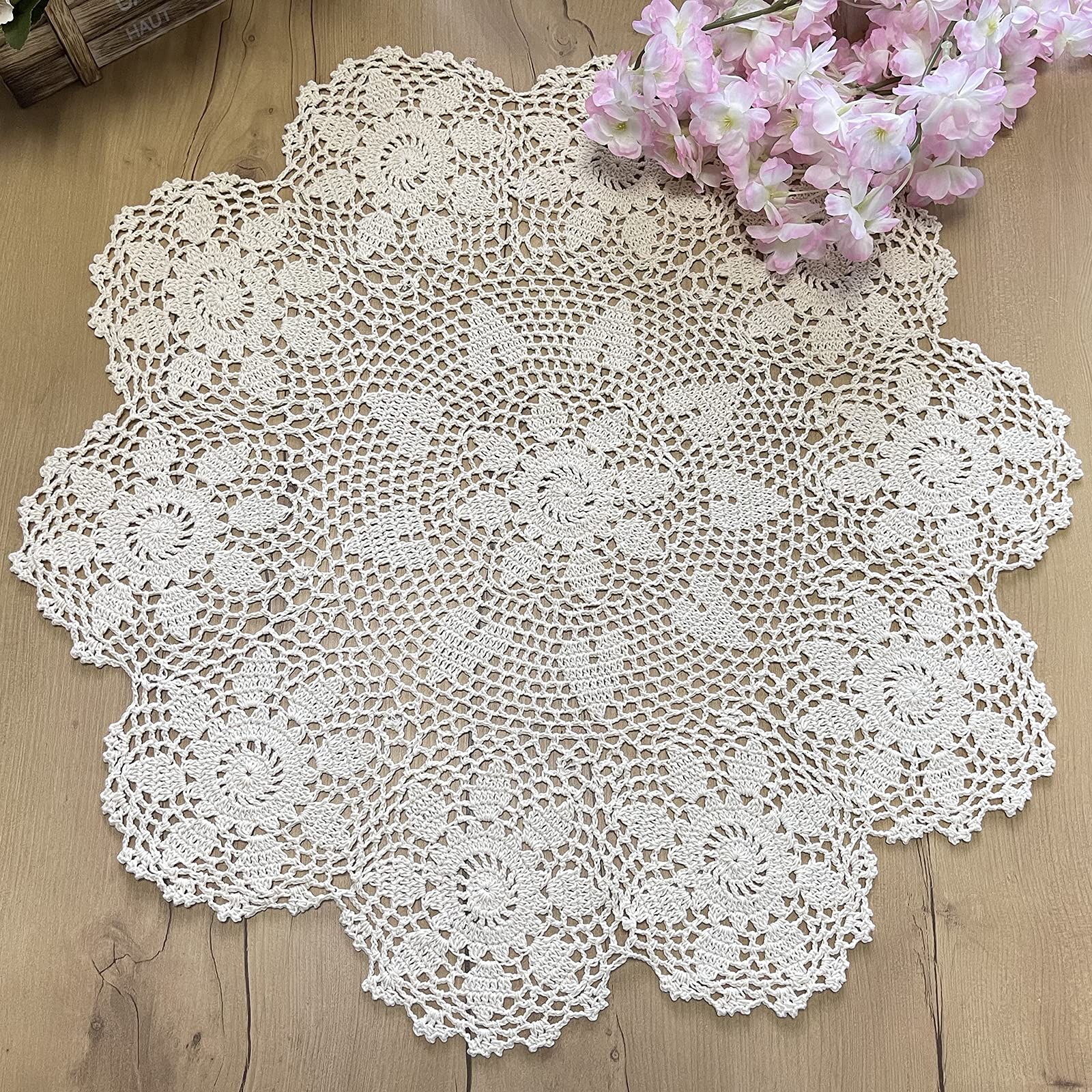 Phantomon Handmade Crochet Table Placemats Round Knitted Table Cloth Doilies Sunflower Patter, 100% Cotton (Beige, 24 Inch)