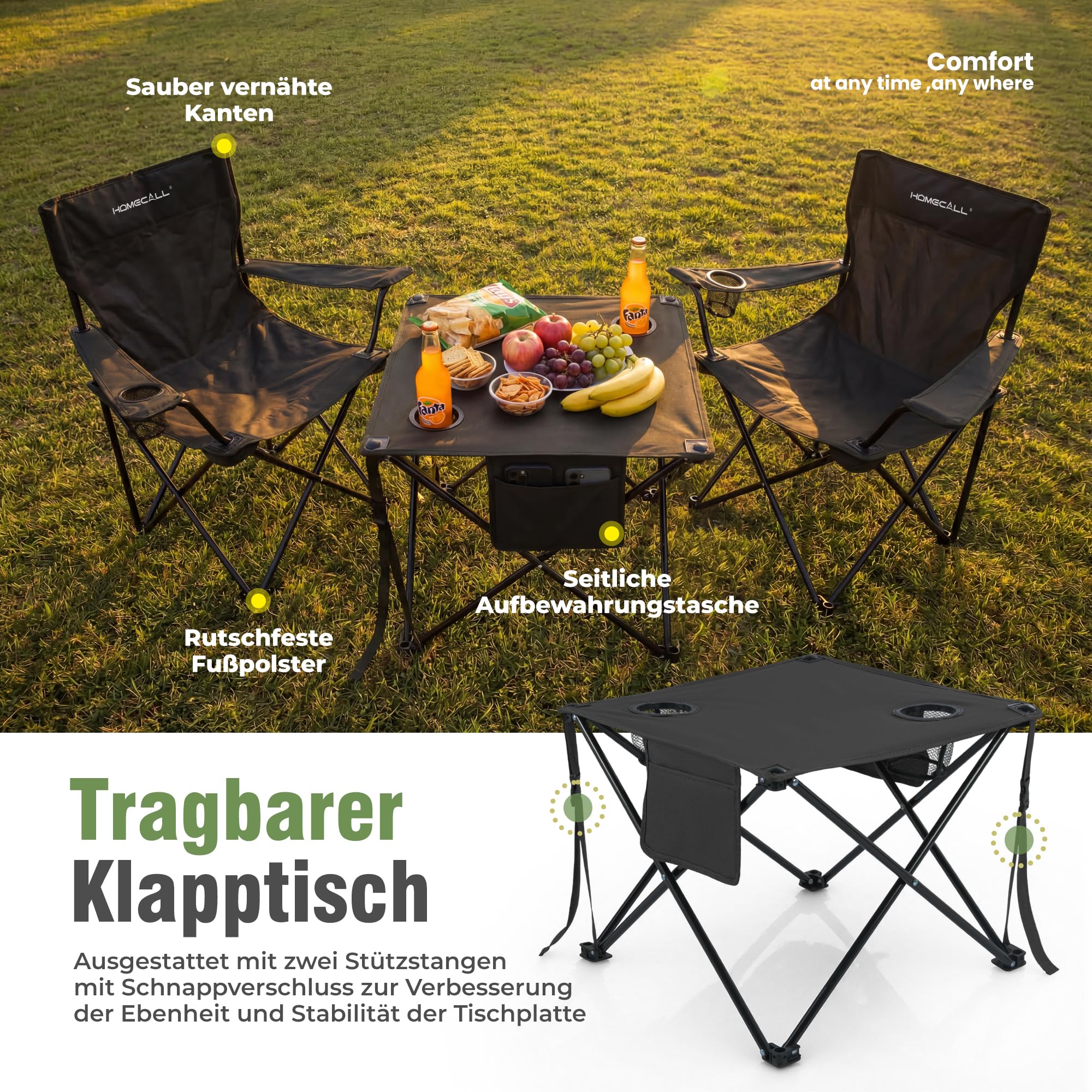 Homecall Camping Tisch Stuhl Set, faltbares Campingtisch mit Stühlen, leichtgewichtiges 2er Campingstuhl-Set mit Tragetasche, Campingstuhl mit Tisch für Picknick, Garten, Terrasse, Reise (Schwarz)