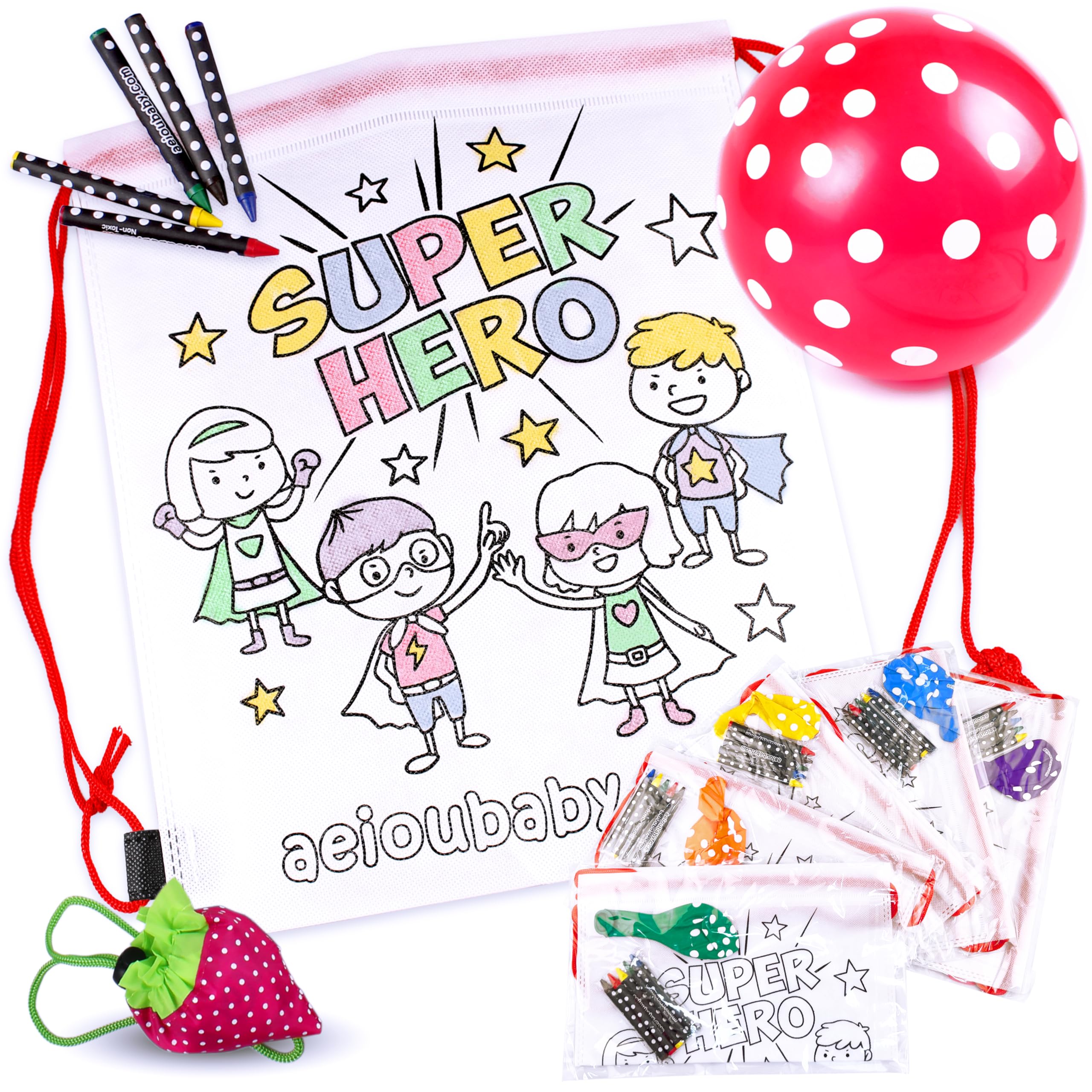 aeioubaby.com 25 Zainetti da Colorare + Borsa Riutilizzabile | 25 Bustine singole con 5 Colori a Cera e un Palloncino | Regalo per bambini per le feste e i compleanni (Eroi)