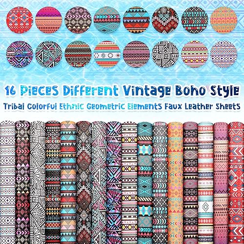Miniatura 4 de Weewooday 16 hojas de piel sintética a cuadros a rayas, estilo bohemio, vintage, estilo bohemio, hojas de tela de cuero, geometría sintética para
