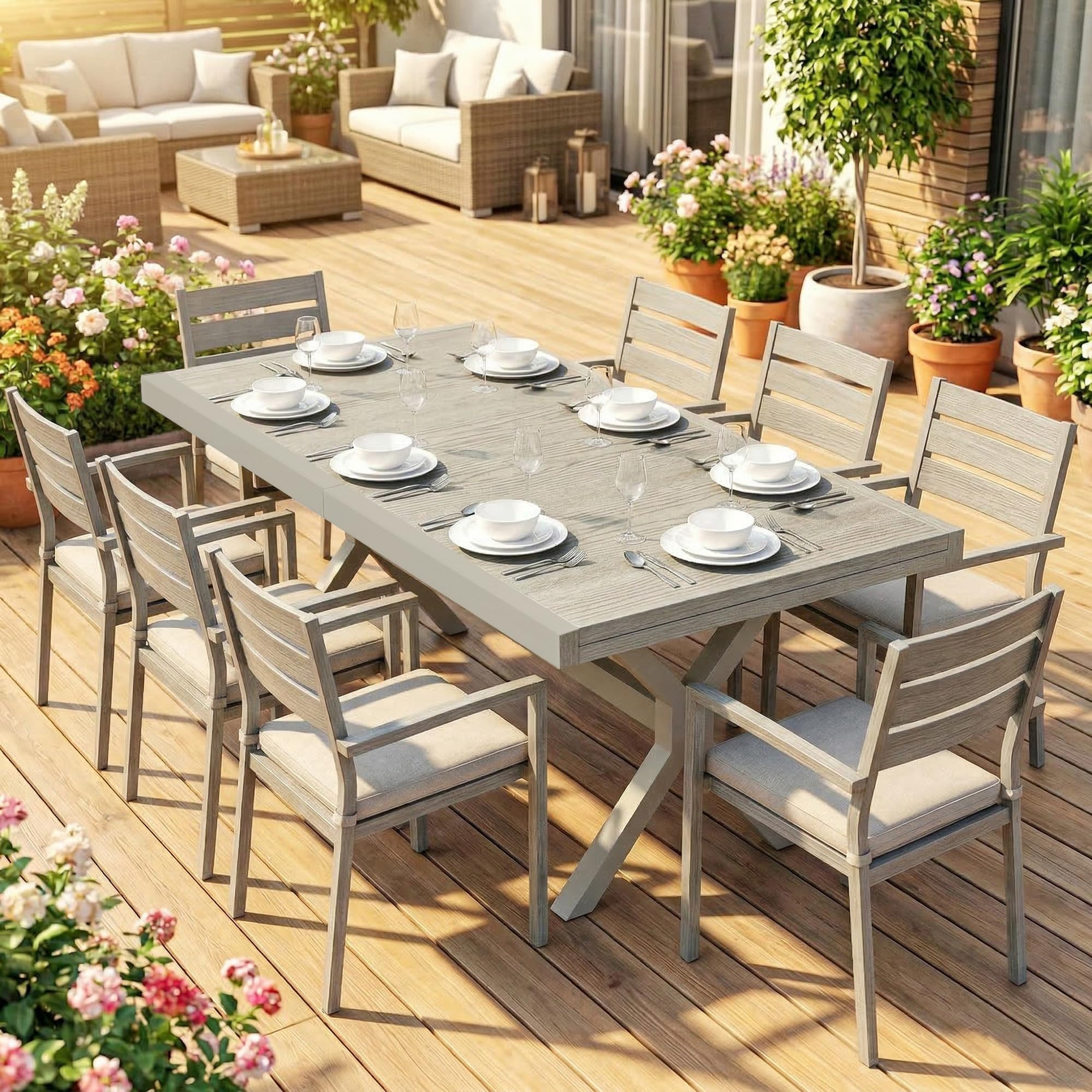 Outsunny Tavolo da giardino allungabile con superficie in alluminio, 154/214 x 85 cm, tavolo da pranzo per esterni, allungabile, rettangolare, con effetto legno, per 8-10 persone, per patio, terrazza
