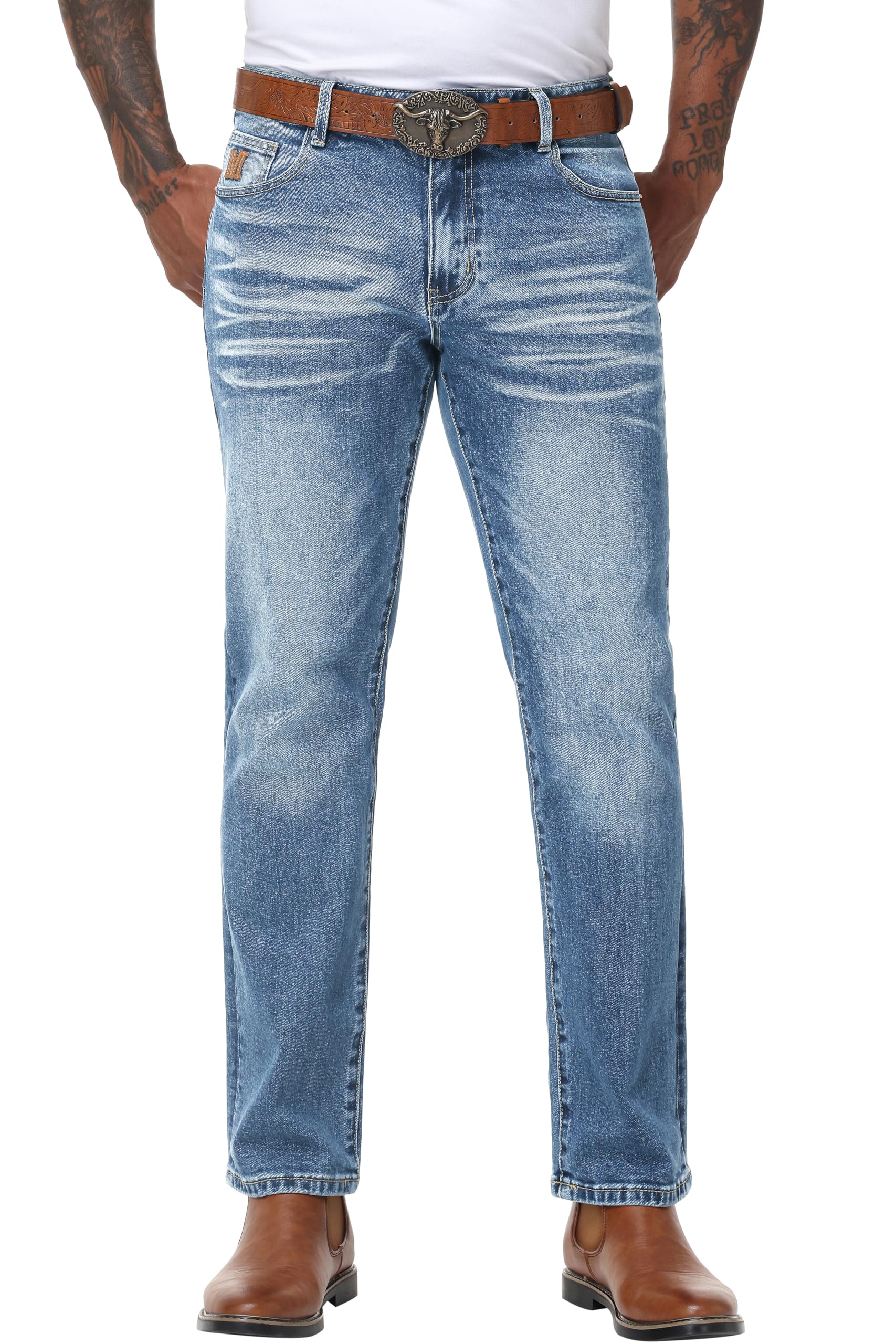 Mens Stretch Relaxed Fit Straight-Leg Jeans - Cowboy Cotton Fashion Comfort Flex Waist Denim Pants