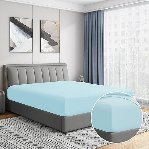 Cathay Home Luxury Wrinkle And Fade Resistant Double Brushed Ultra Soft Microfiber 14-inch Standard Pocket Single Fitted Sheet, Aqua, King
