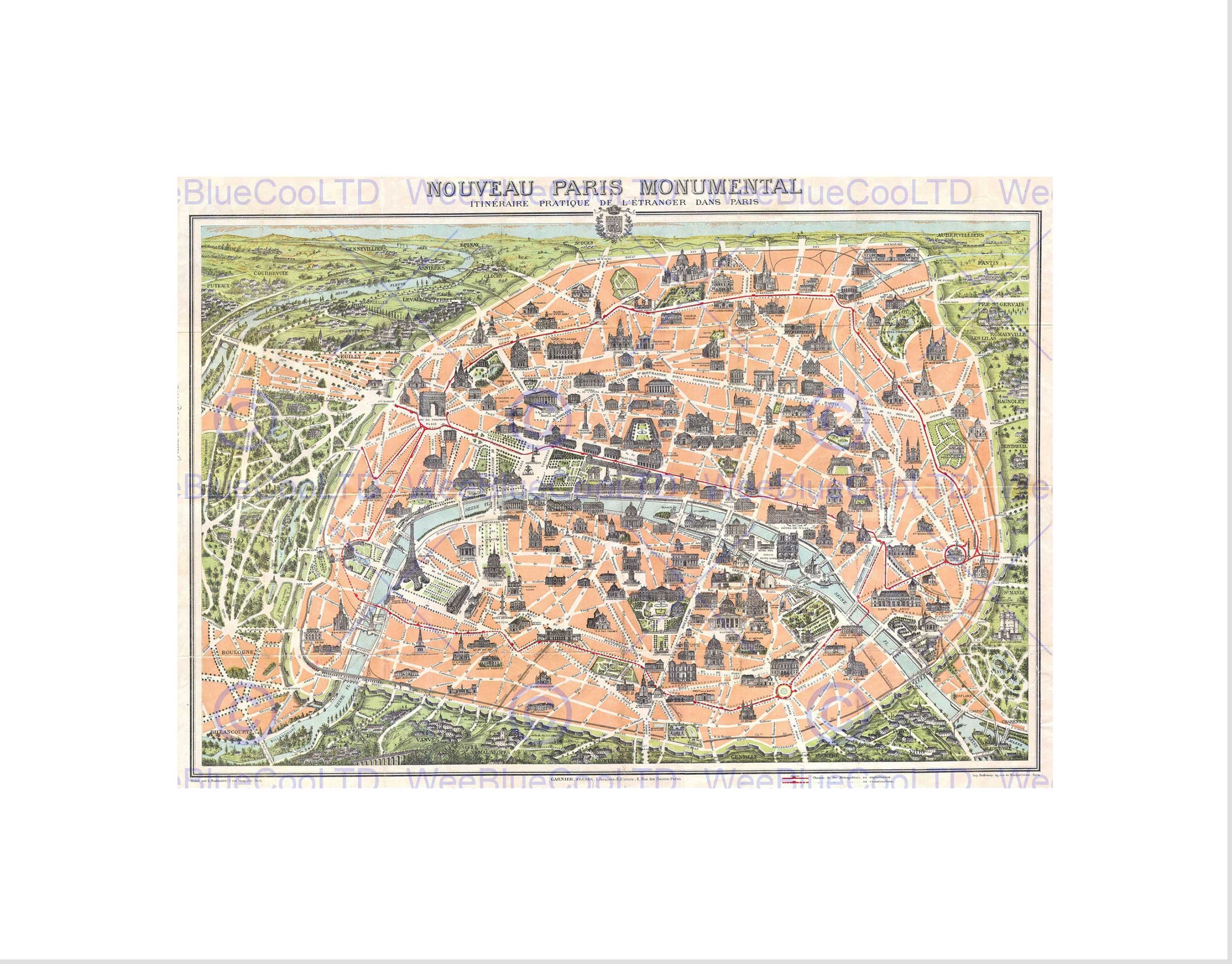 Wee Blue Coo MAP ILLUSTRATED ANTIQUE GARNIER PARIS FRAMED ART PRINT MOUNT B12X4930