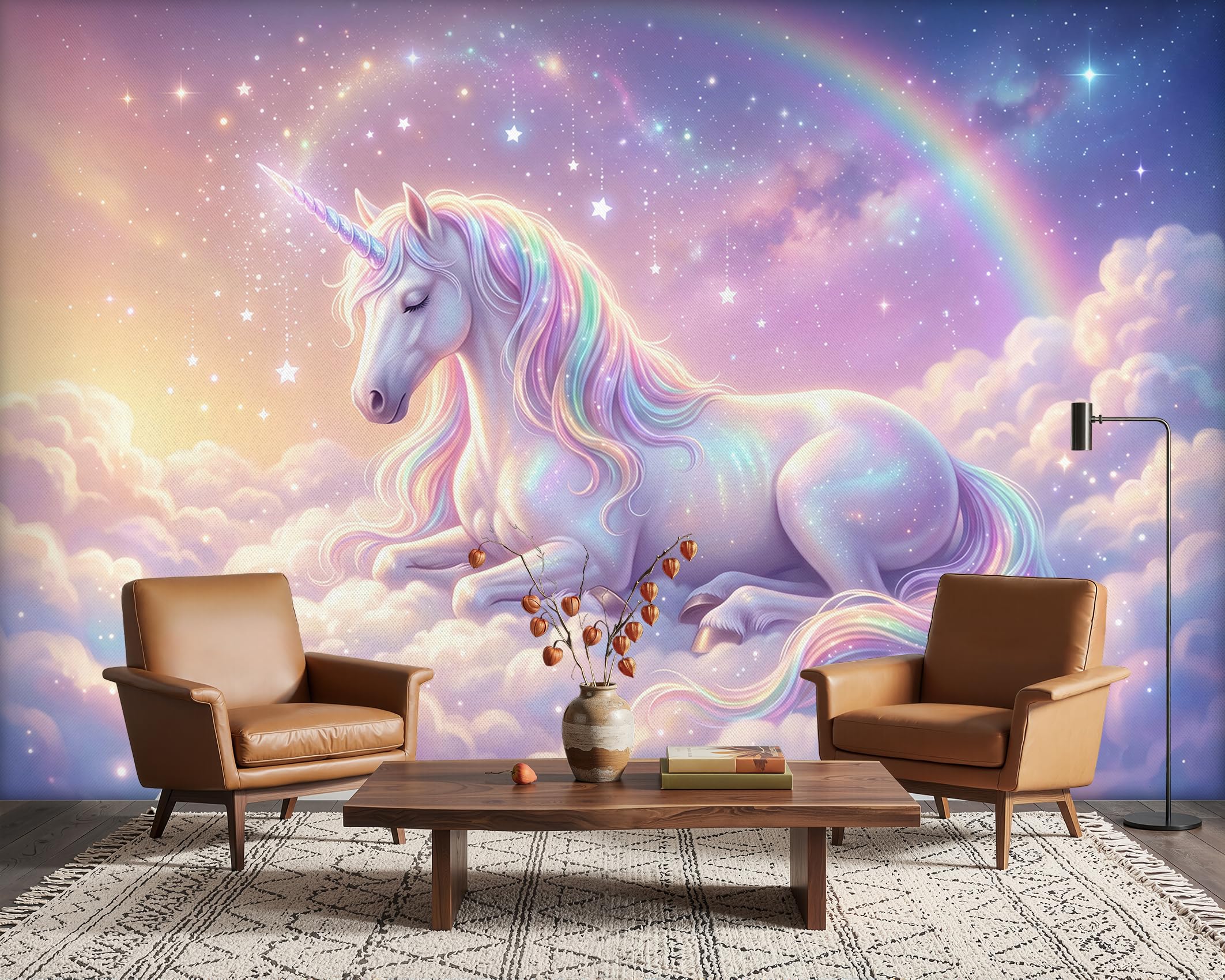 PaxGloz Magical Unicorn and Rainbow Wallpaper, Dreamy Pastel Clouds Fairy Tale Wall Mural for Girls Bedroom Kids Playroom Baby Girl Room Nursery, Non-Woven Decorative Wall Art 400x280 cm