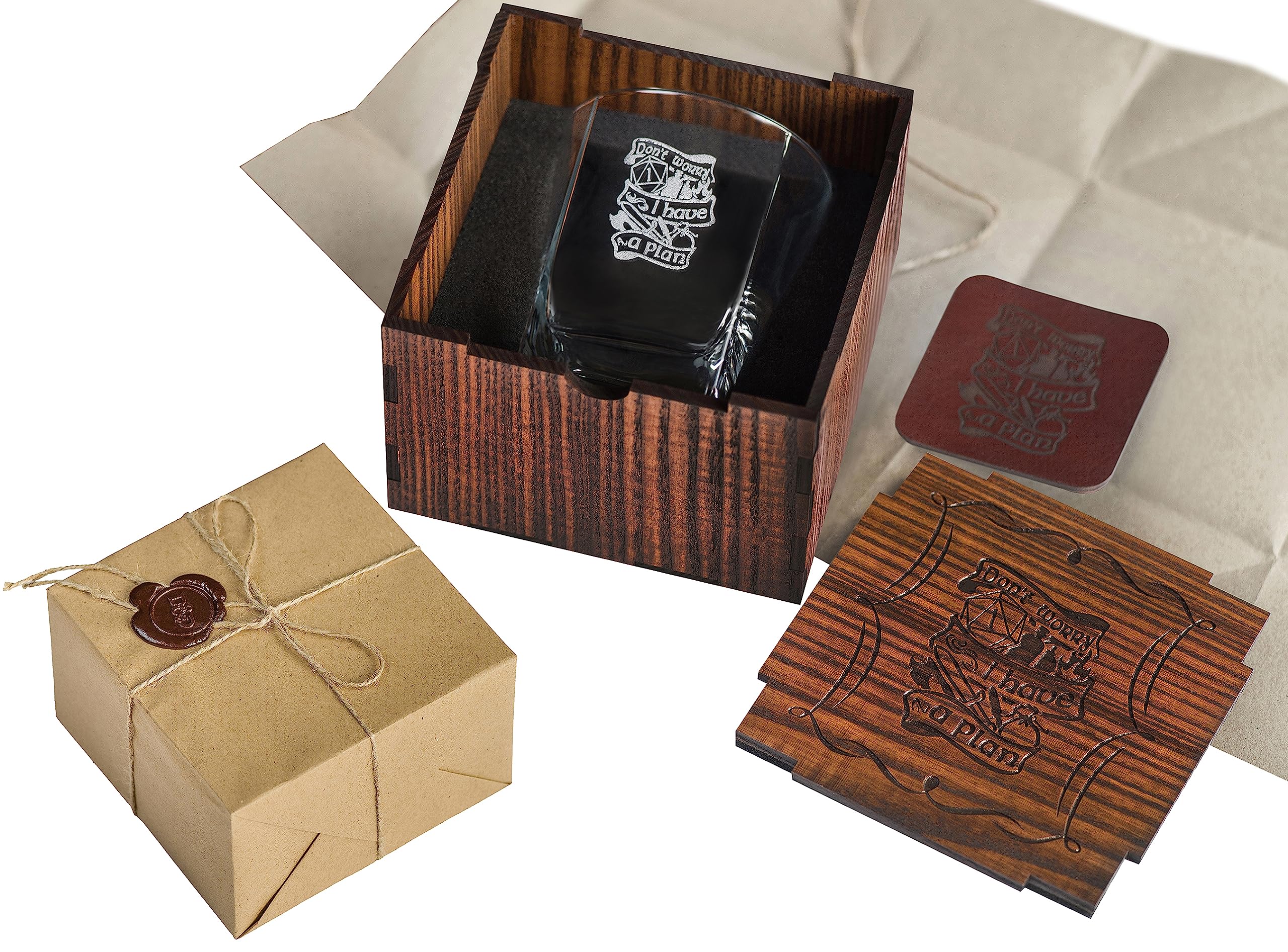 Dungeons and Dragons, Don't worry I have a plan, DnD gifts, Game Dungeon Master gifts, Whisky Glass with Gift oak wooden Box, dragons masters gifts